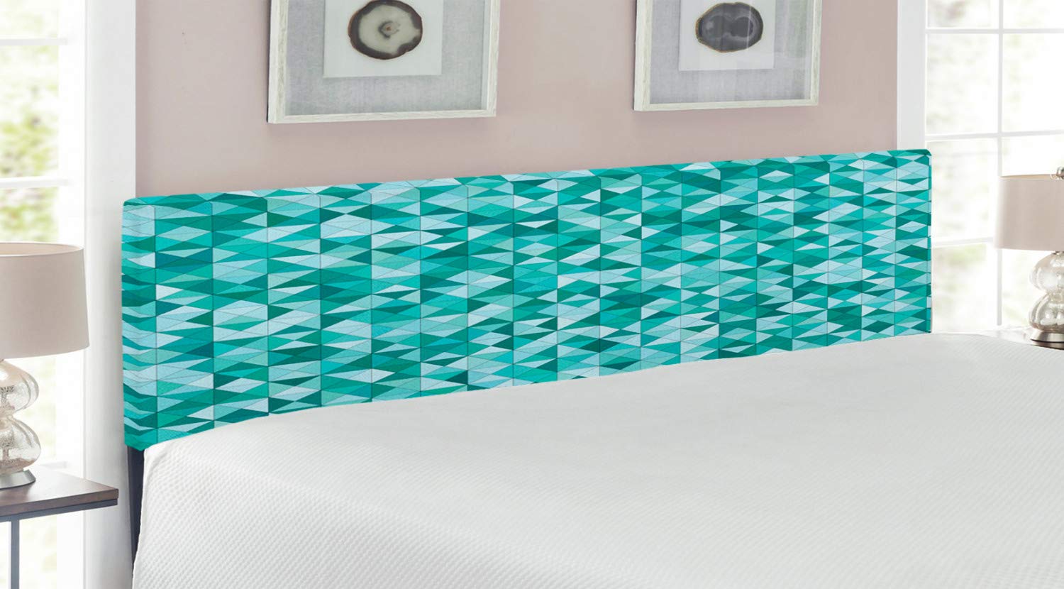 Ambesonne King Size Teal Green Upholstered Headboard with Memory Foam - Geometric Triangle Mosaic & Polygon Design with Shadow Effect - Decorative Metal Bed Frame Headboard for Modern Bedroom Decor