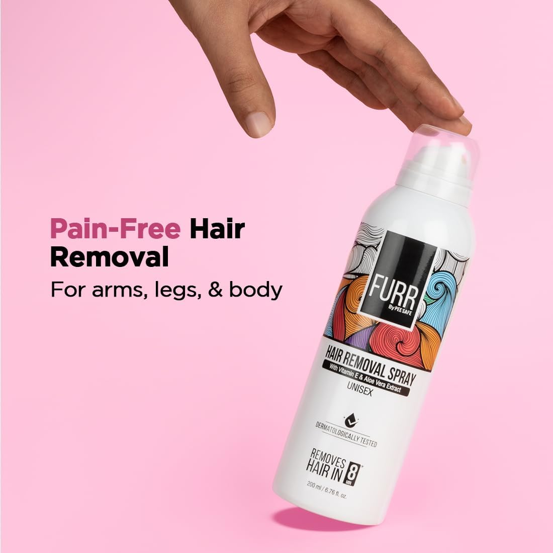 Furr Hair Removal Spray for Men & Women - 200ml with Aloe Vera & Vitamin E | Painless Hair Removal in 8 Minutes | Works on Chest, Arms, Legs, Underarms & Bikini Area | Leaves Skin Soft & Smooth | Perfect for Home Use & Travel
