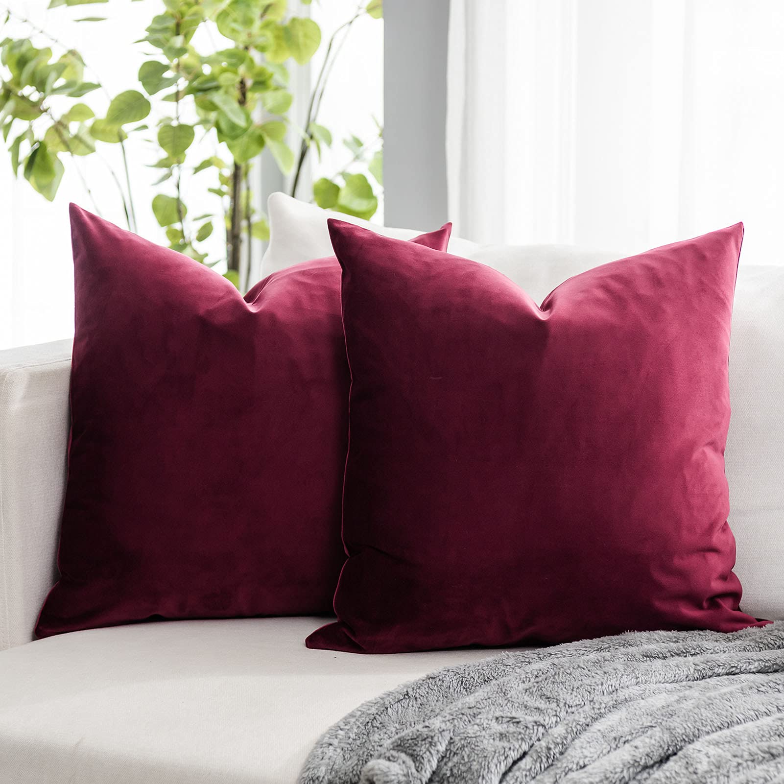 QUAFOO 2-Pack 14x14 Inch Burgundy Velvet Throw Pillow Covers - Soft Decorative Cushion Covers for Sofa, Couch & Bedroom - Perfect for Living Room Decor, Home Styling and Cozy Comfort