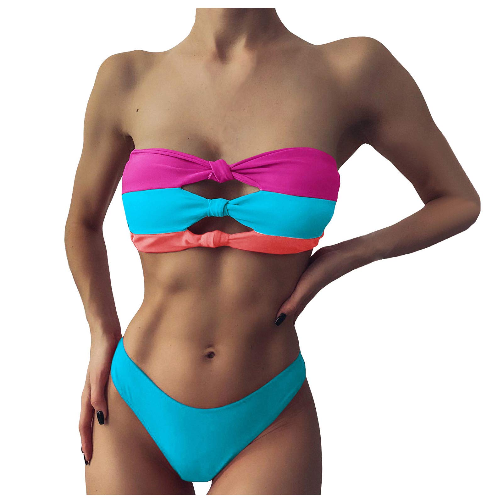 YIJIAJIA Women's Strapless Bikini Swimsuits - Boho High Leg Swimwear with Geometric Print, Bandeau Tie Side Bathing Suits for Beach Vacation & Pool Party