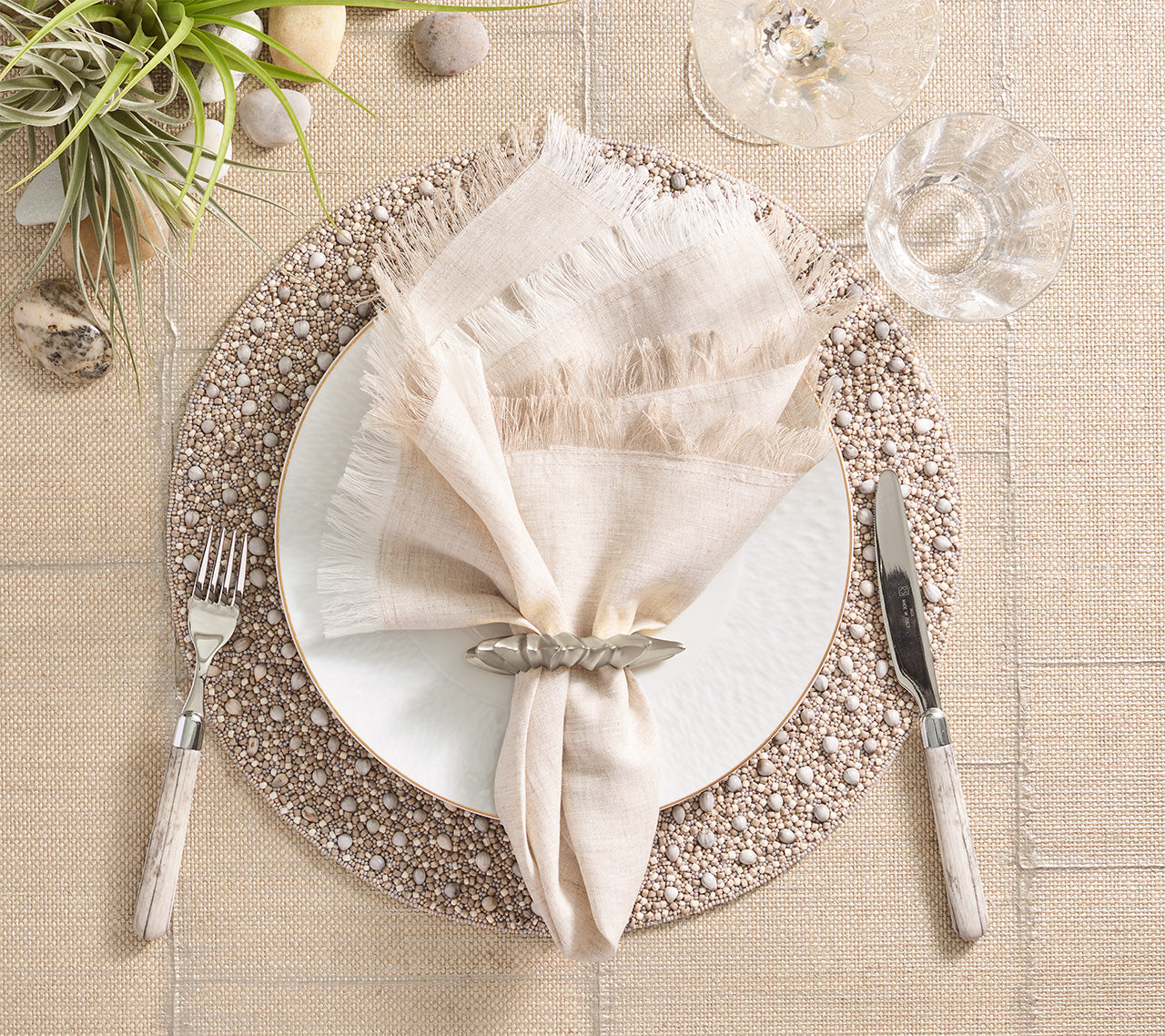 Natural Chambray Fringe Napkins Set of 4 - Rustic Table Linens for Farmhouse Dining, Wedding Decor & Boho Home Accessories
