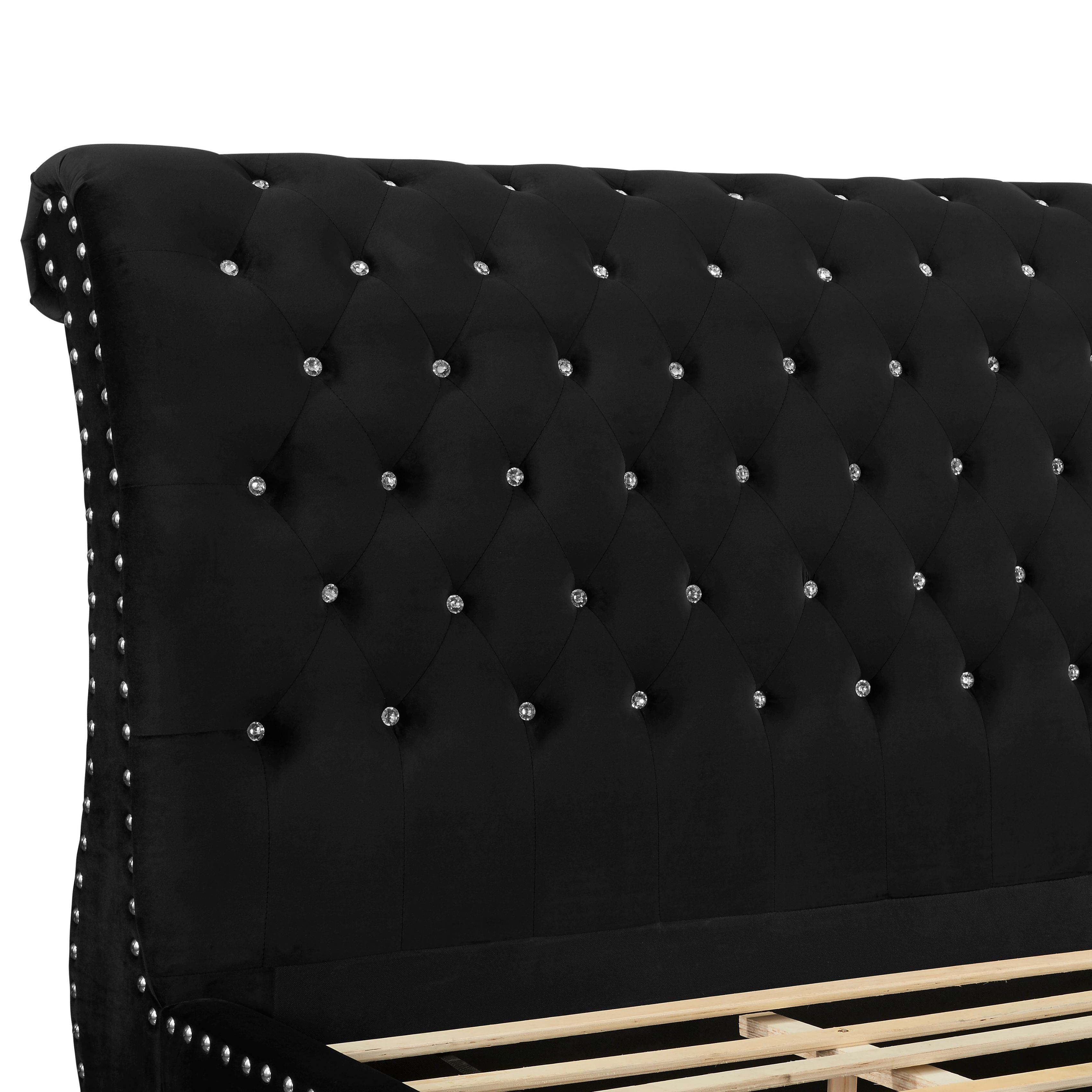Roundhill Furniture Evora Velvet Upholstered Crystal Button Tufted Sleigh Bed - Queen Size Black Luxury Bed Frame for Master Bedroom | Elegant Tufted Headboard & Sturdy Wooden Base