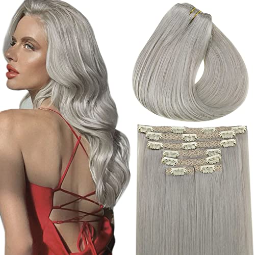 Vivien Clip-in Human Hair Extensions 22 Inch Grey Remy Hair - 140g Thick Silky Straight 7pcs Set for Styling, Volume & Length - Perfect for Parties, Weddings & Daily Wear