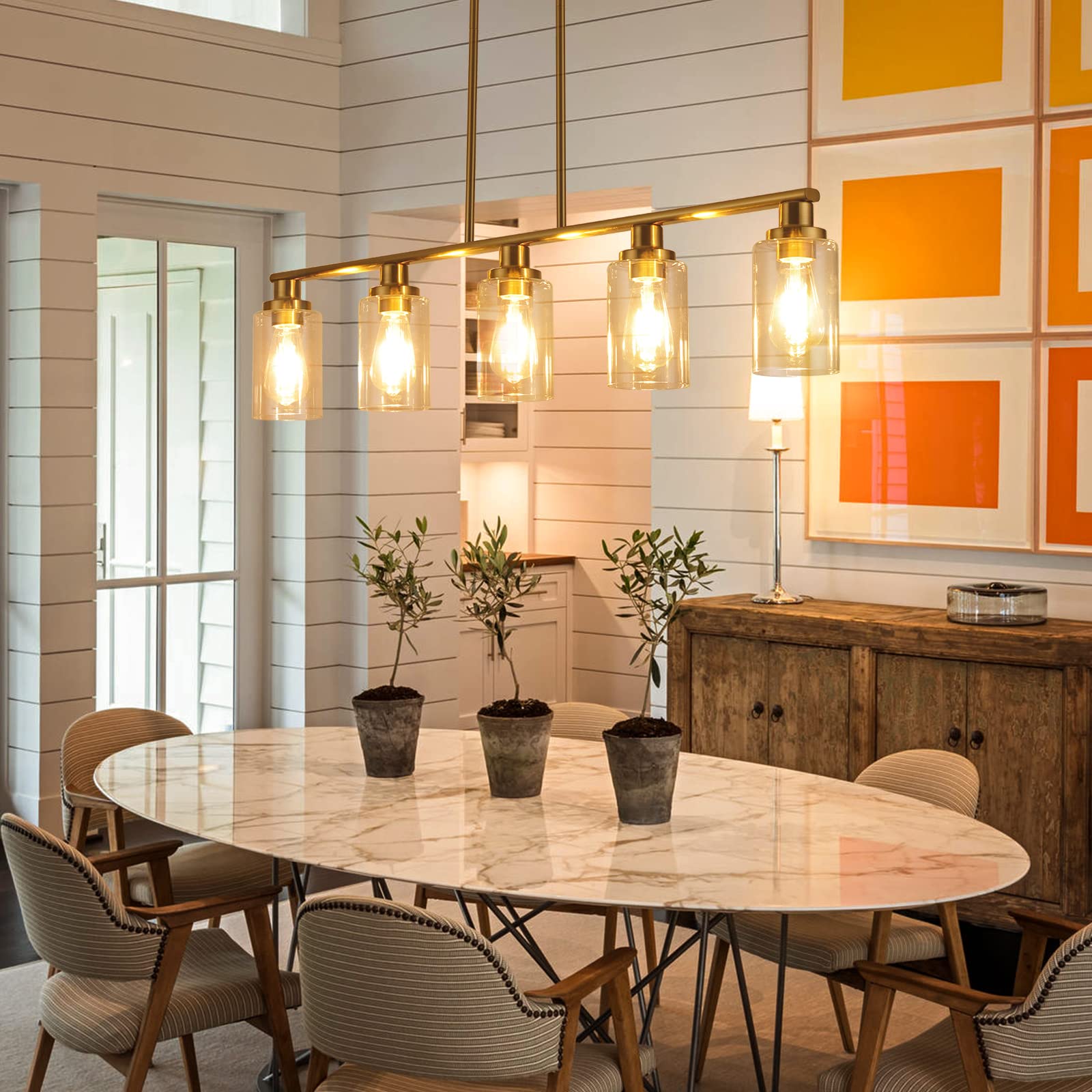 Modern 5-Light Kitchen Island Lighting - Gold Linear Farmhouse Chandelier with Clear Glass Shade for Dining Room & Breakfast Nook - Perfect Over Tables, Countertops and Kitchen Islands