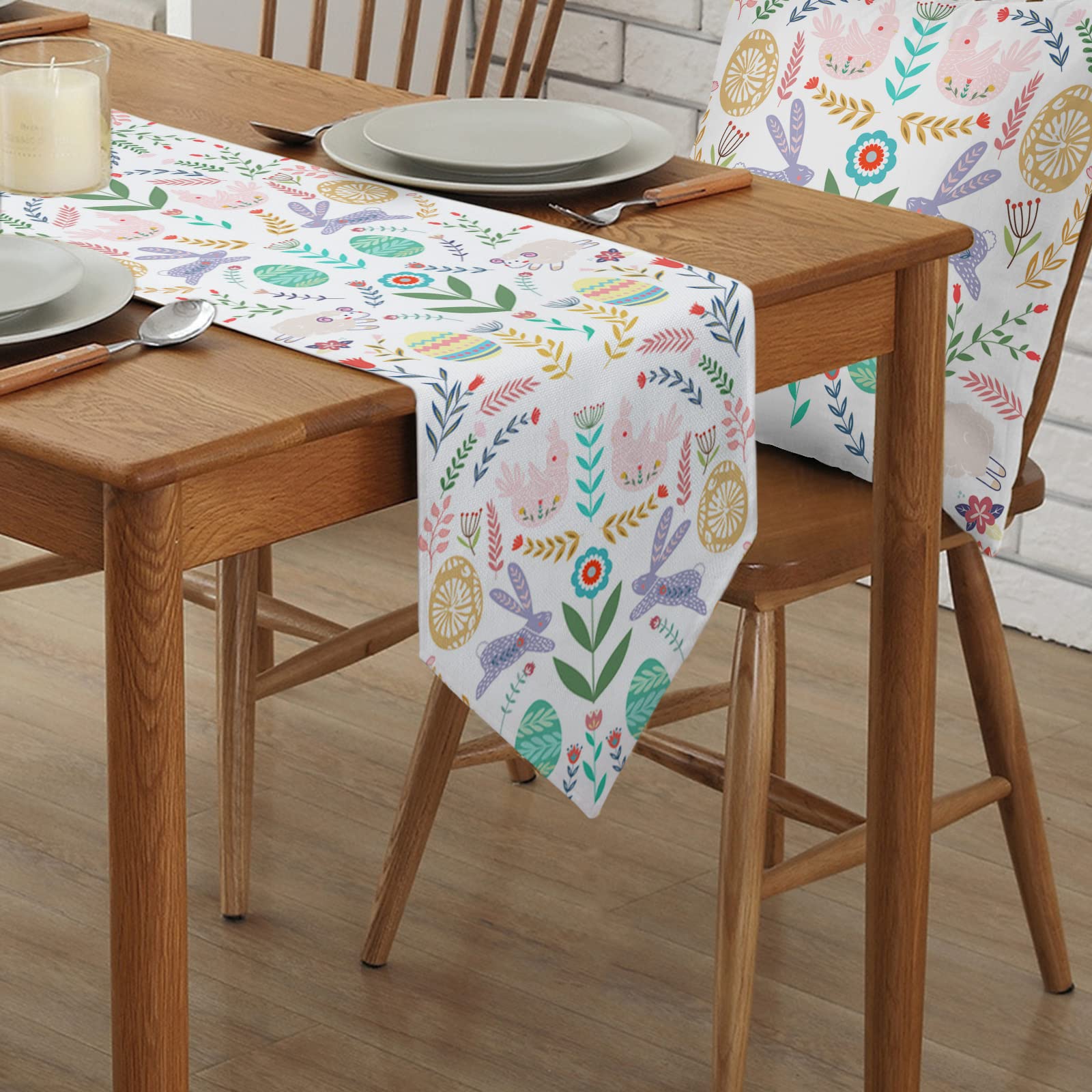 Easter Table Runner - 13x108 Inch Bunny & Eggs Design Spring Floral Decorative Table Scarf for Easter Dinner, Kitchen Decor, Home Party & Seasonal Celebration - Perfect for Holiday Dining Room Decorations