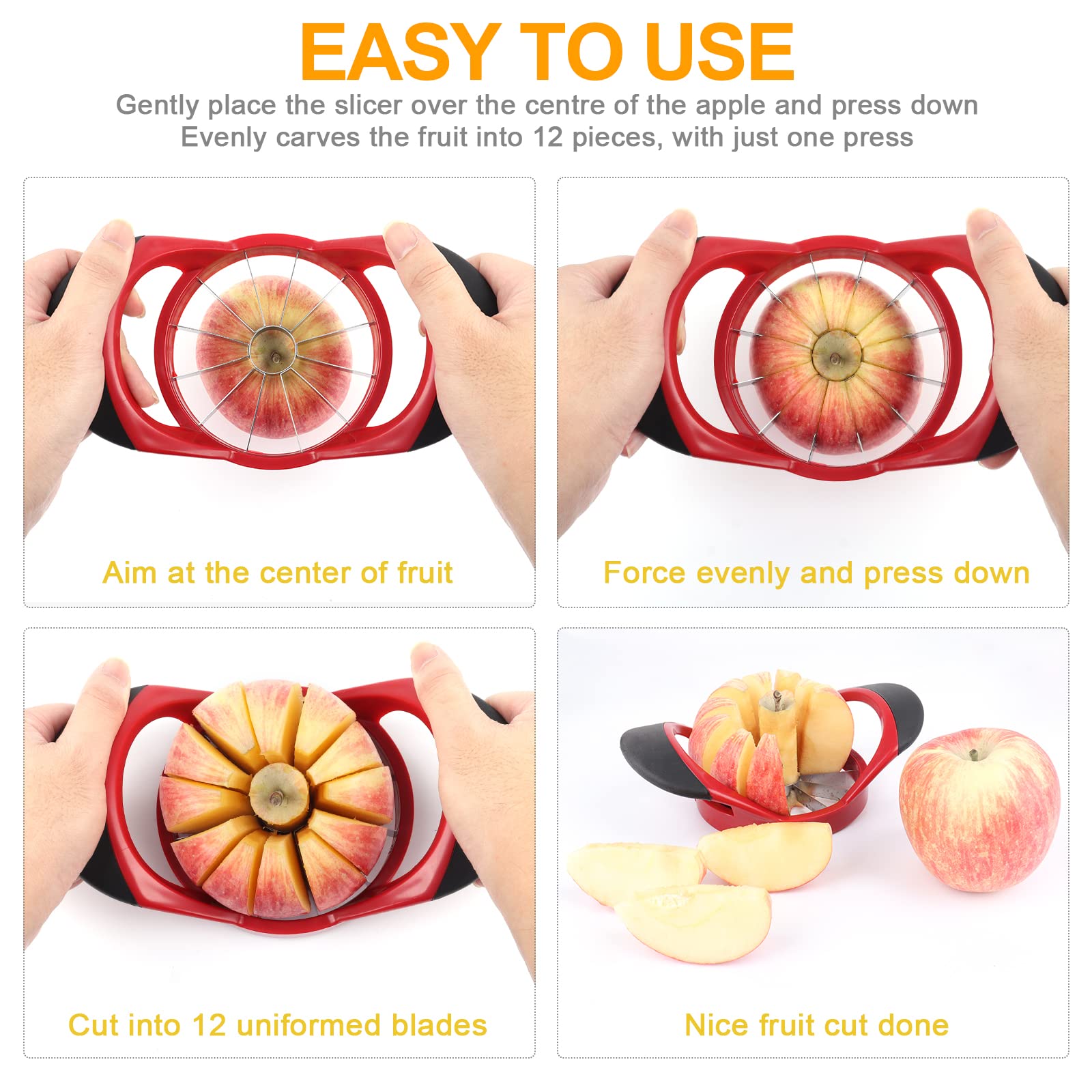 Premium 12-Blade Stainless Steel Apple Slicer & Corer Set with Peeler & Fruit Forks - Kitchen Gadgets for Fruit Prep, Snacks & Entertaining - Red (4.72 Inch)