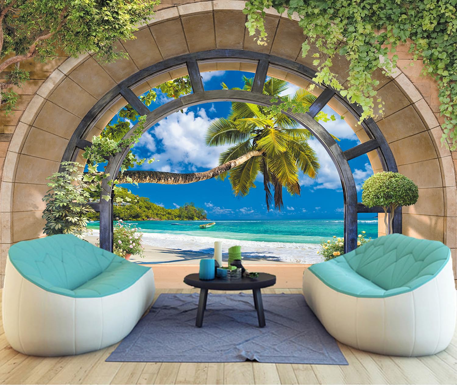 FLFK 3D Window Tropical Beach Palm Tree Peel and Stick Wall Mural - Self-Adhesive Wallpaper Poster for Bedroom, Living Room & Home Decor (118