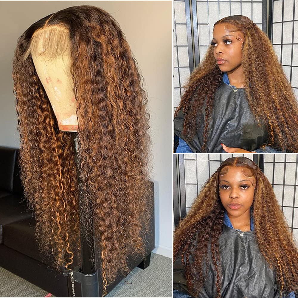 Smavida 13x4 Deep Curly Lace Front Wig - Honey Blonde to Brown Ombre Human Hair (4/27) | 12 Inch 150% Density Pre-Plucked with Baby Hair & Bleached Knots | Highlight Blonde Wave Wigs for Women | Perfect for Daily Wear, Cosplay & Special Occasions