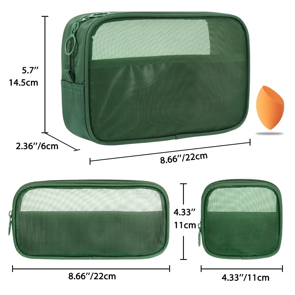 3 Pack Mesh Makeup Bags with Zipper - Nylon Cosmetic Organizer Set for Toiletries, Travel & Diaper Bag (Green) - Perfect for Gym, Vacation & Daily Purse Organization