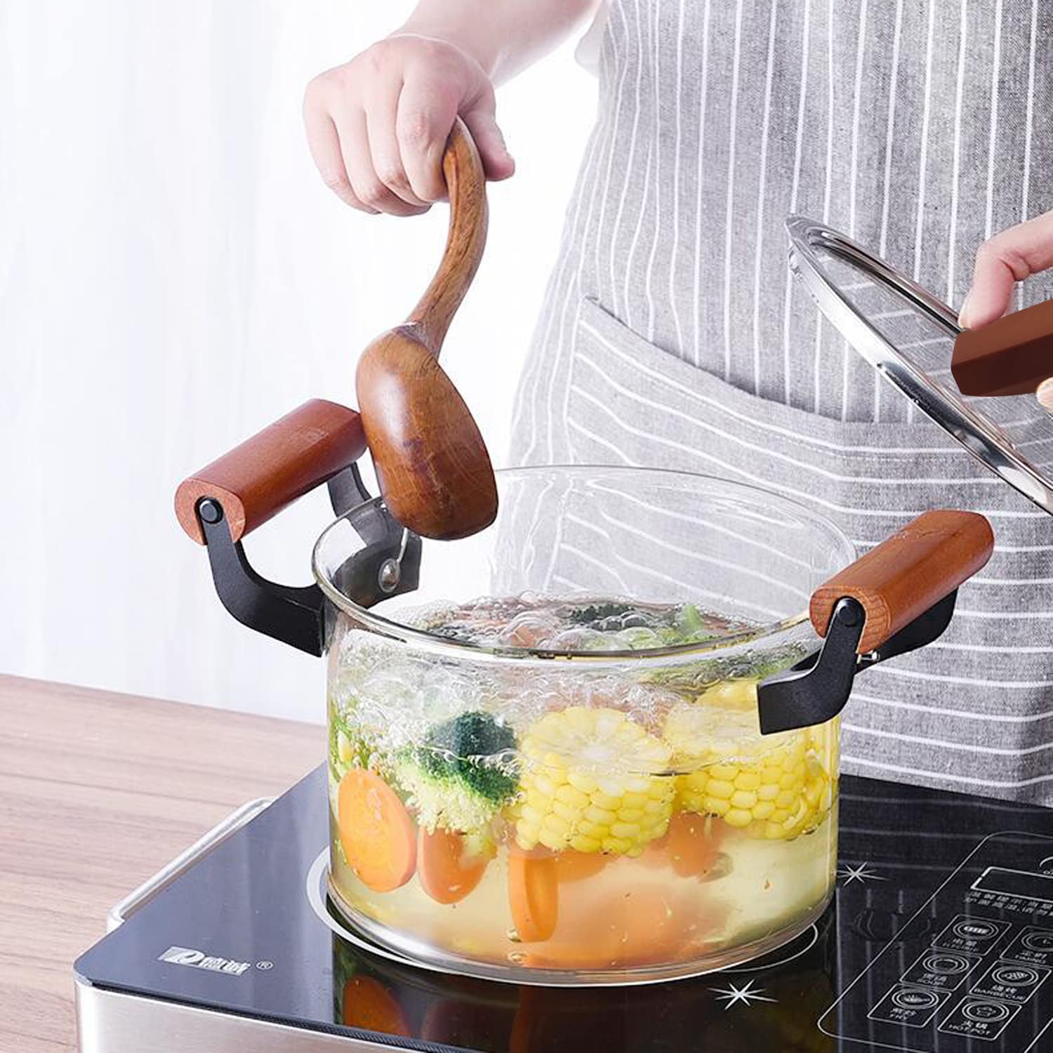 **ABHOME 5L Clear Glass Saucepan with Lid - Heat Resistant Stovetop Pot with Wooden Handles for Cooking Pasta, Milk & Baby Food - Perfect for Home Kitchen, Meal Prep & Healthy Cooking**