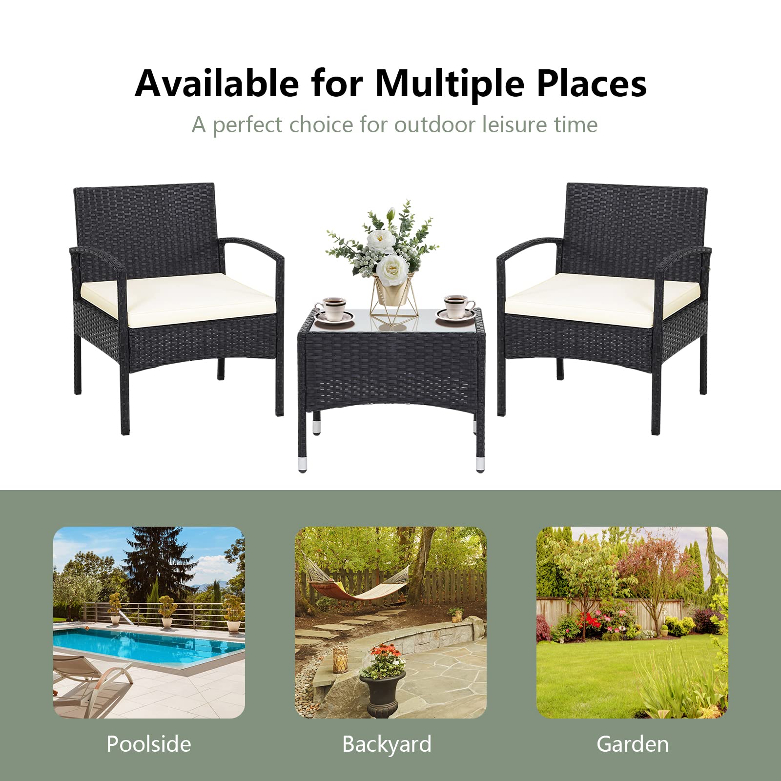 RELAX4LIFE 3-Piece Outdoor Patio Furniture Set - Beige Rattan Wicker Bistro Set with 2 Chairs & Glass Coffee Table, Durable Steel Frame for Garden, Balcony, Porch | Perfect for Backyard Relaxation & Entertaining Guests