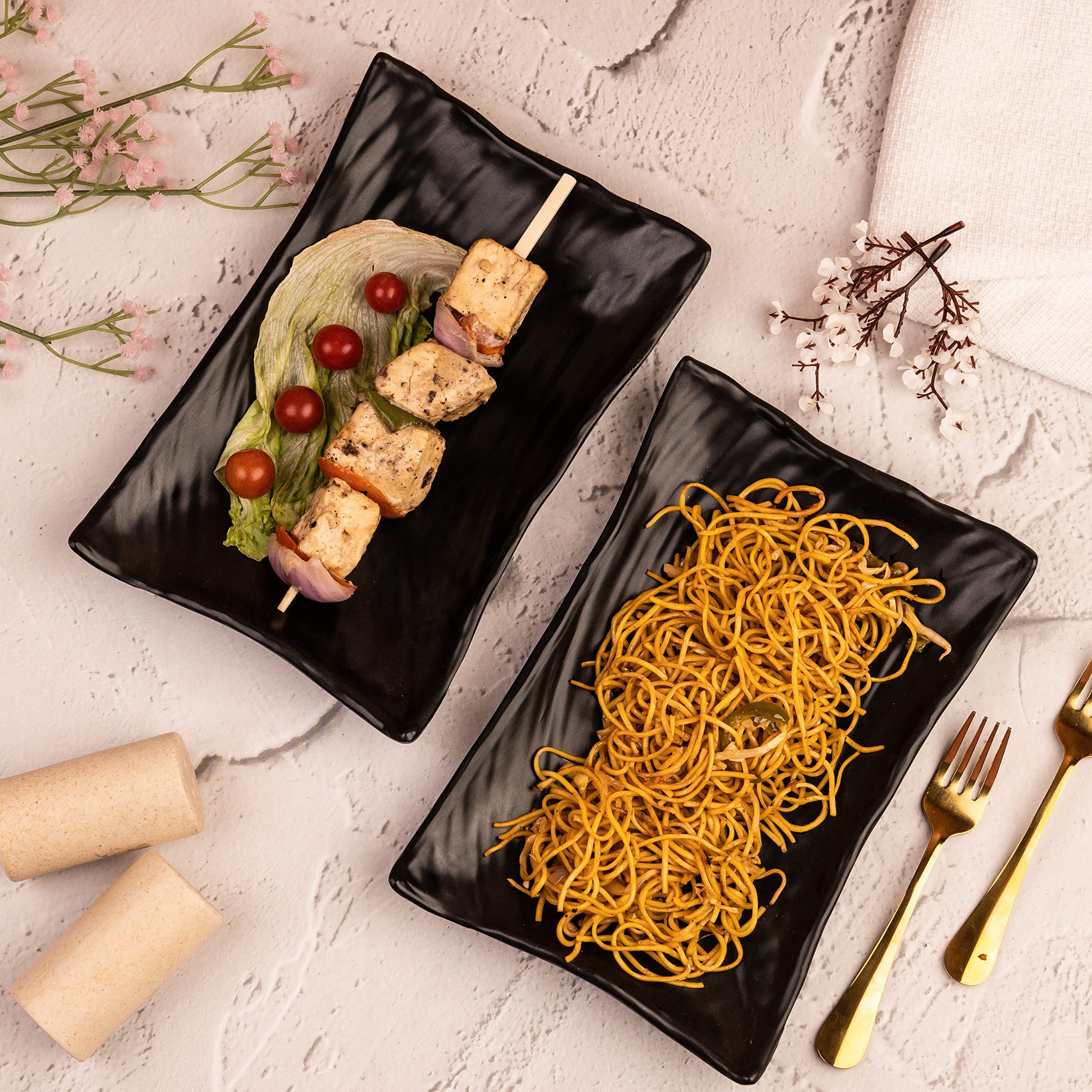 Premium Melamine Serving Platter Set of 2 - Chip & Dip Tray for Snacks, Appetizers & Desserts | Durable Matte Black Kitchenware for Parties, Entertaining & Family Gatherings