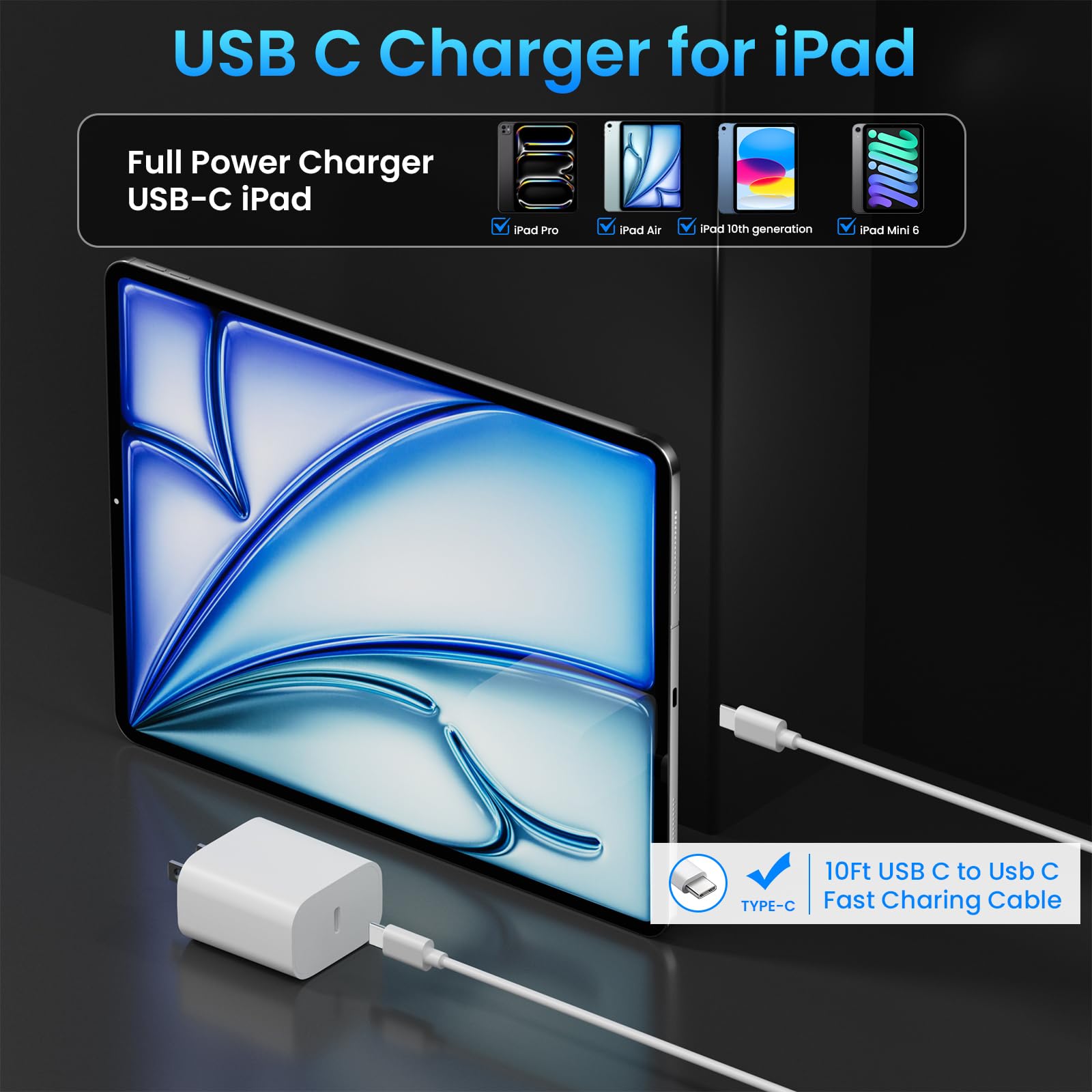 20W USB C Fast Charger 2-Pack with 10FT Long Cable - Compatible with iPad 10th/11th Gen, iPad Pro 12.9/11 inch, iPad Air 13/11 inch, iPad Mini - Perfect for Home, Office & Travel Charging Needs