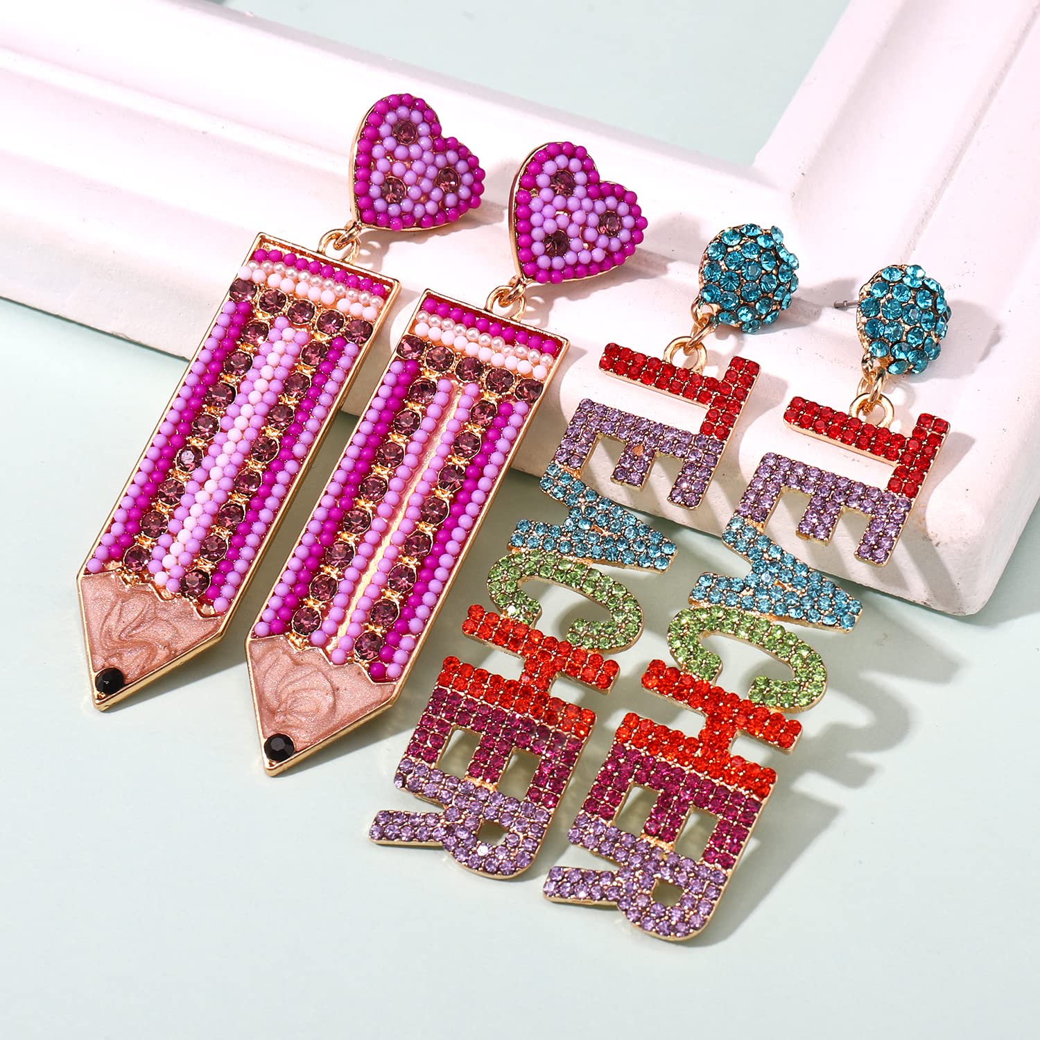 Hypoallergenic Teacher Earrings - Rhinestone Heart Pencil Dangle for Women | Back to School & Teacher's Day Gifts