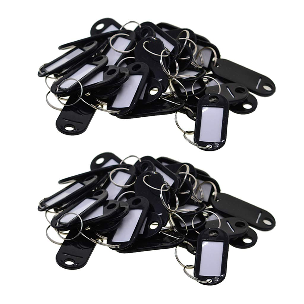 Baoblaze 100 Pack Black Plastic Key Tags with White Label Paper - Durable Key Rings, ID Tags & Name Labels for Home, Office & Organization - Write Anything, Portable & Easy to Use for Keychains, Luggage & Pet Collars