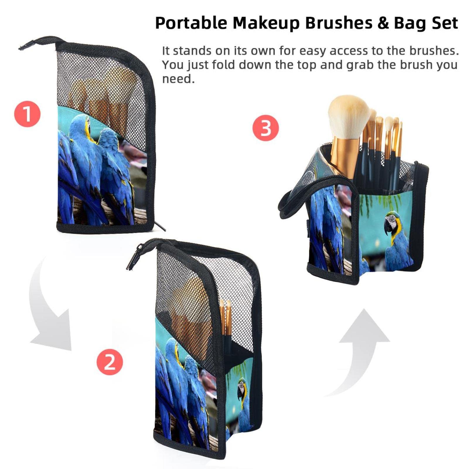 12-Piece Makeup Brush Organizer Bag with Portable Holder Case - Blue Parrot Tropical Design for Travel & Home Storage | Perfect Cosmetic Brush Set for Makeup Artists & Beauty Enthusiasts