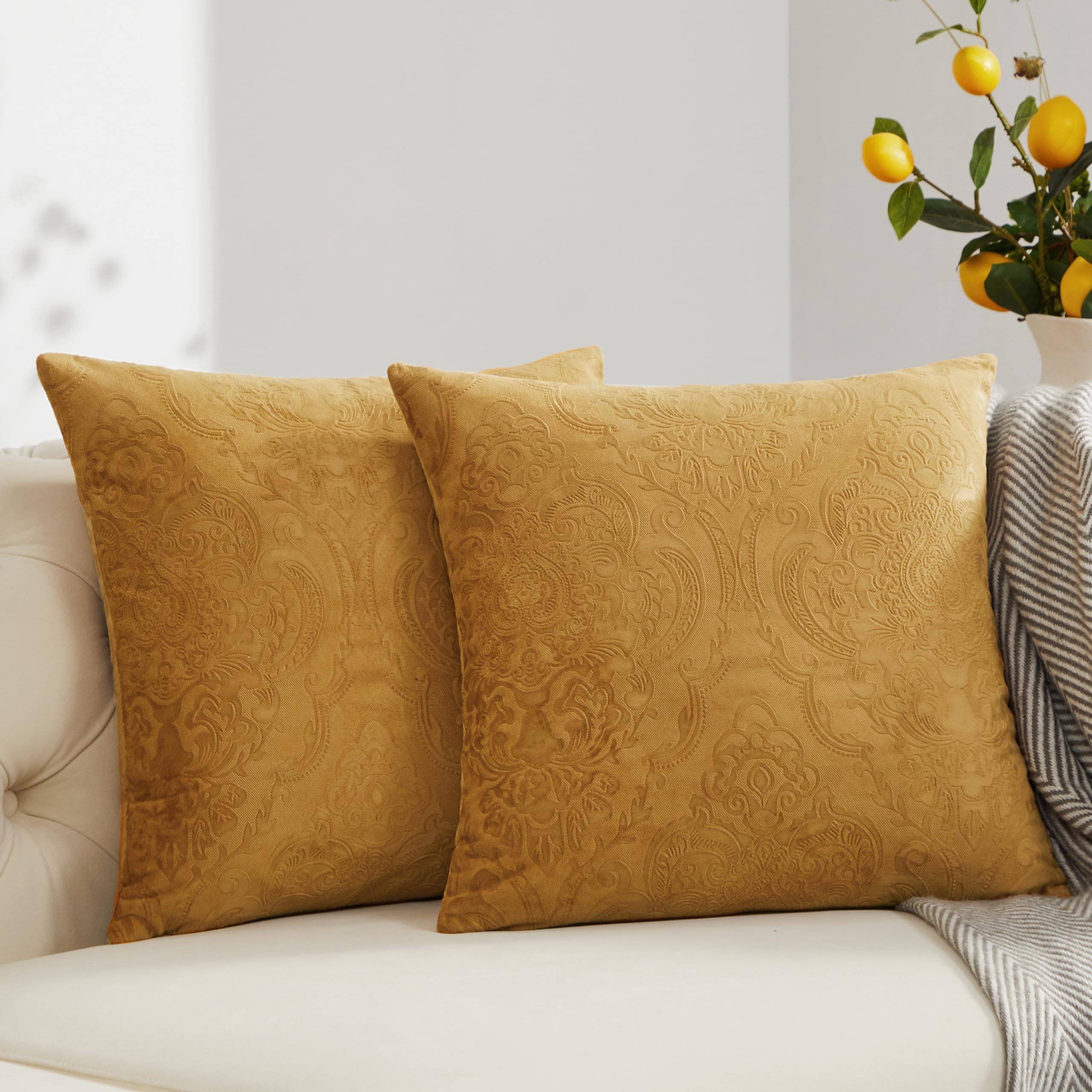 GIGIZAZA 16x16 Velvet Throw Pillow Covers Set of 2 - Brown Gold Luxury Decorative Flower Embossed Cushion Covers for Sofa, Couch & Bed - Perfect for Living Room, Bedroom & Home Decor
