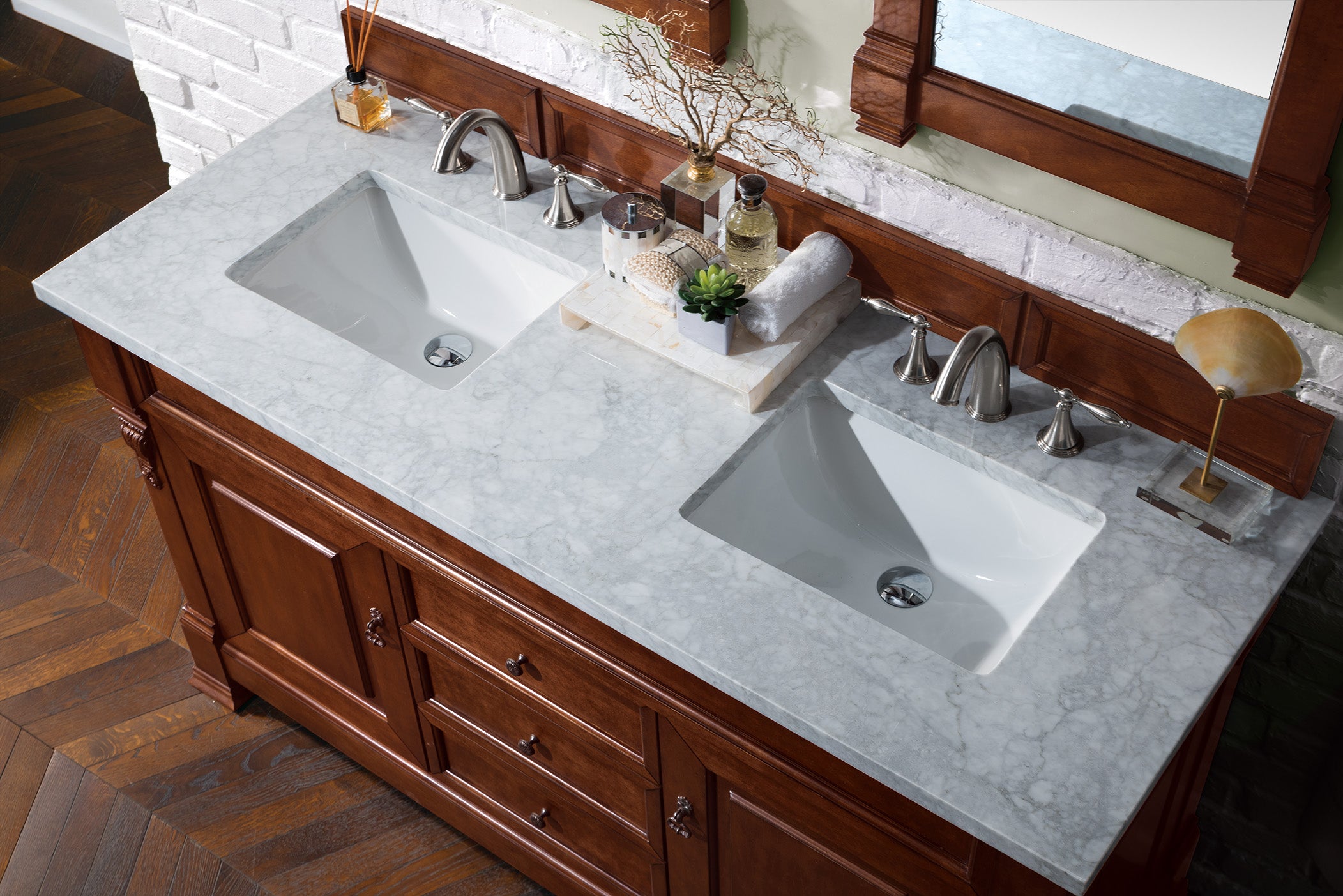 Brookfield 60 Inch Double Bathroom Vanity with Warm Cherry Finish & 3CM Carrara Marble Top - Perfect for Master Bathroom Remodeling and Luxury Home Upgrade