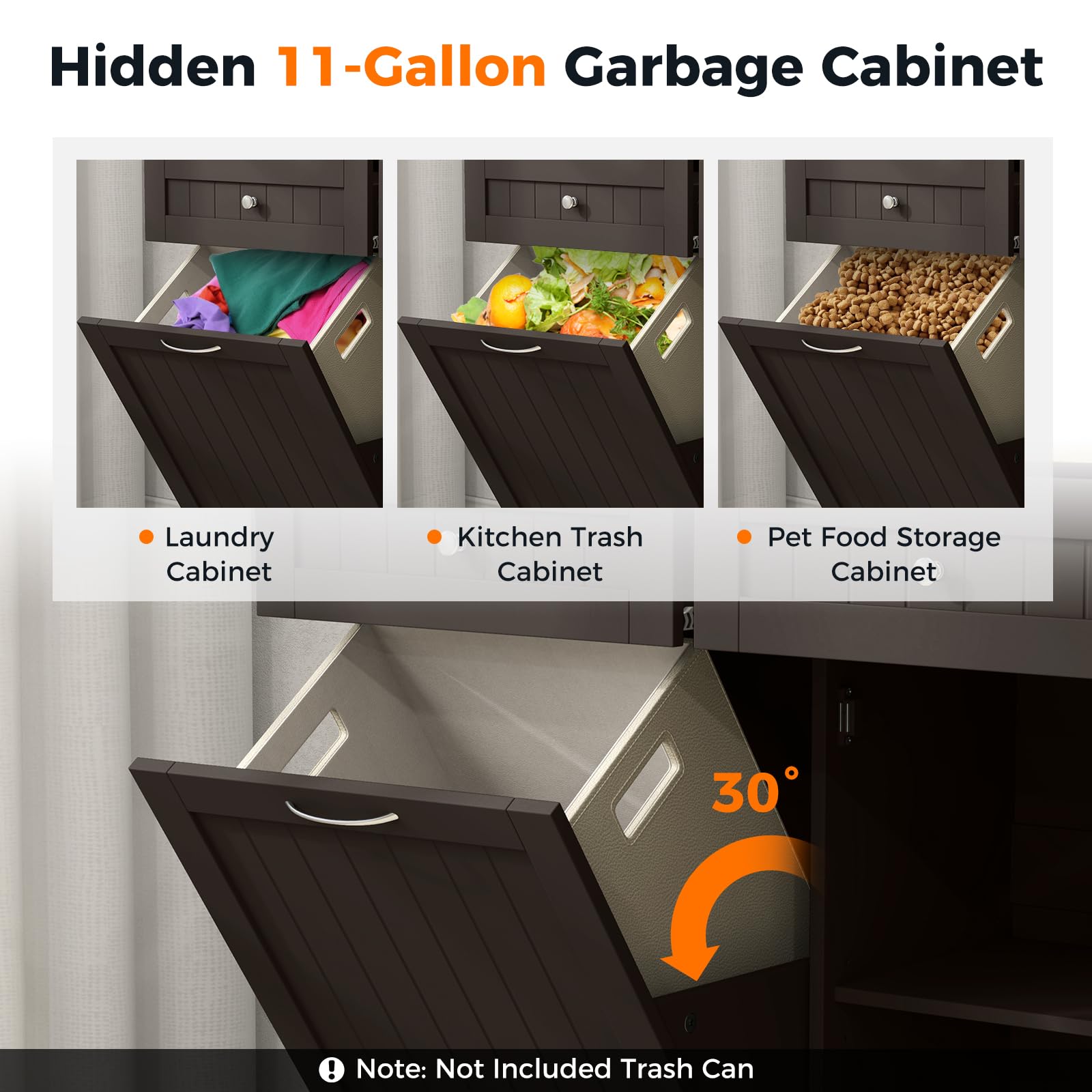 Tilt Out Trash Cabinet with 2 Drawers & Adjustable Shelf - Rubber Wood Countertop Laundry Storage Organizer - Recycle Bins for Kitchen, Dining Room, Bathroom - Space Saving Brown Cabinet for Home Organization