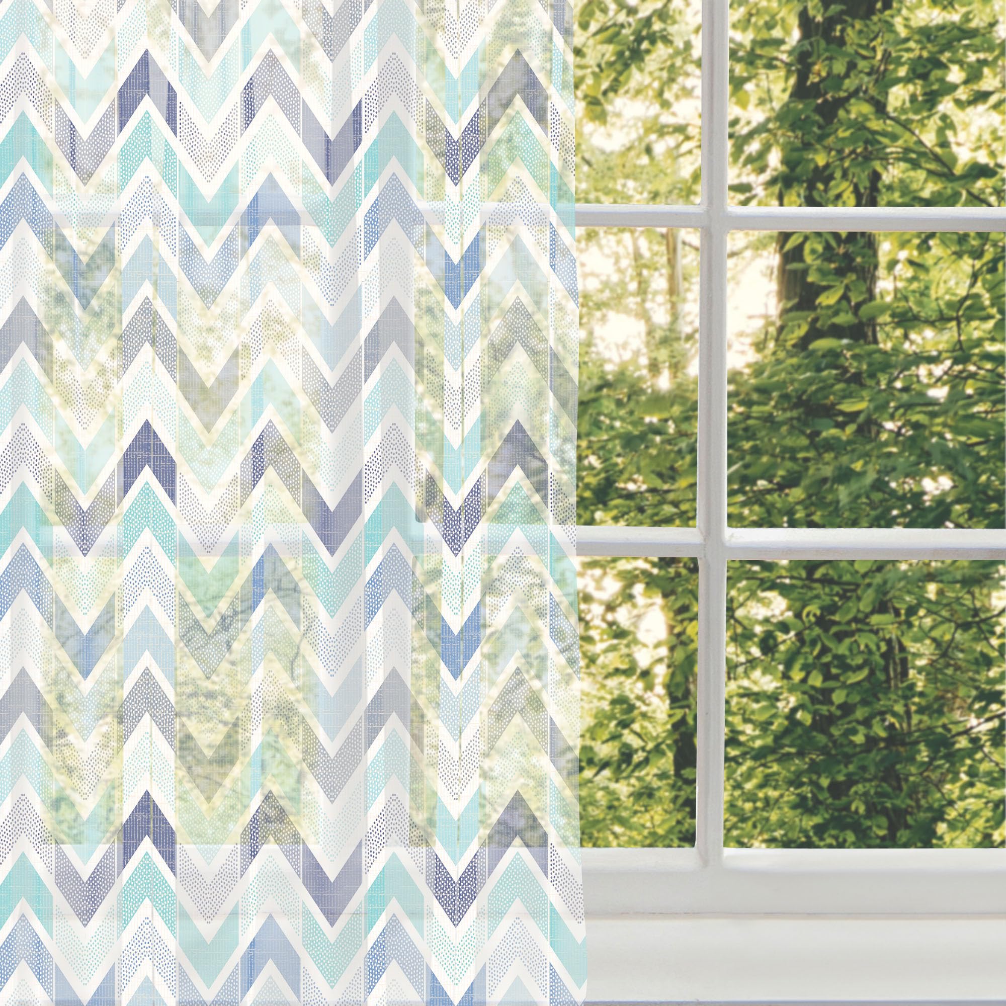 Ambesonne Modern Tulle Curtains with Rod Pocket - Blue and White Doodle Style Dots & Zigzag Pattern Sheer Drapes (108