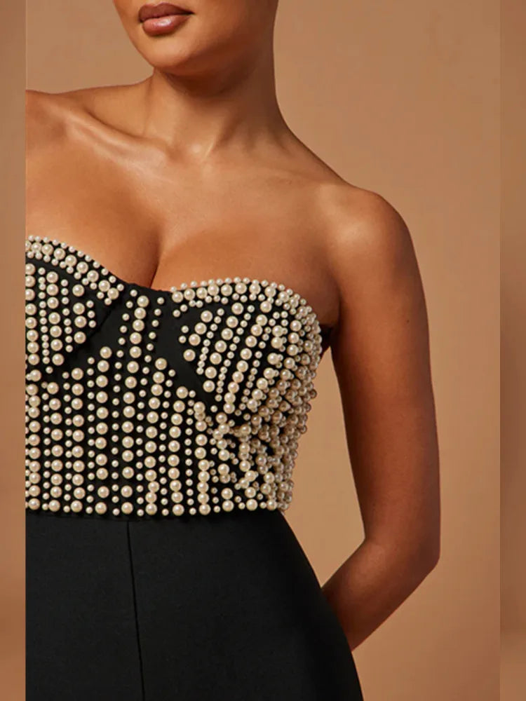 Celebrity Women's Luxury Sexy Strapless Pearl Black Bodycon Bandage Jumpsuit - 2025 High Street Designer Romper for Night Out, Club Party & Special Occasions
