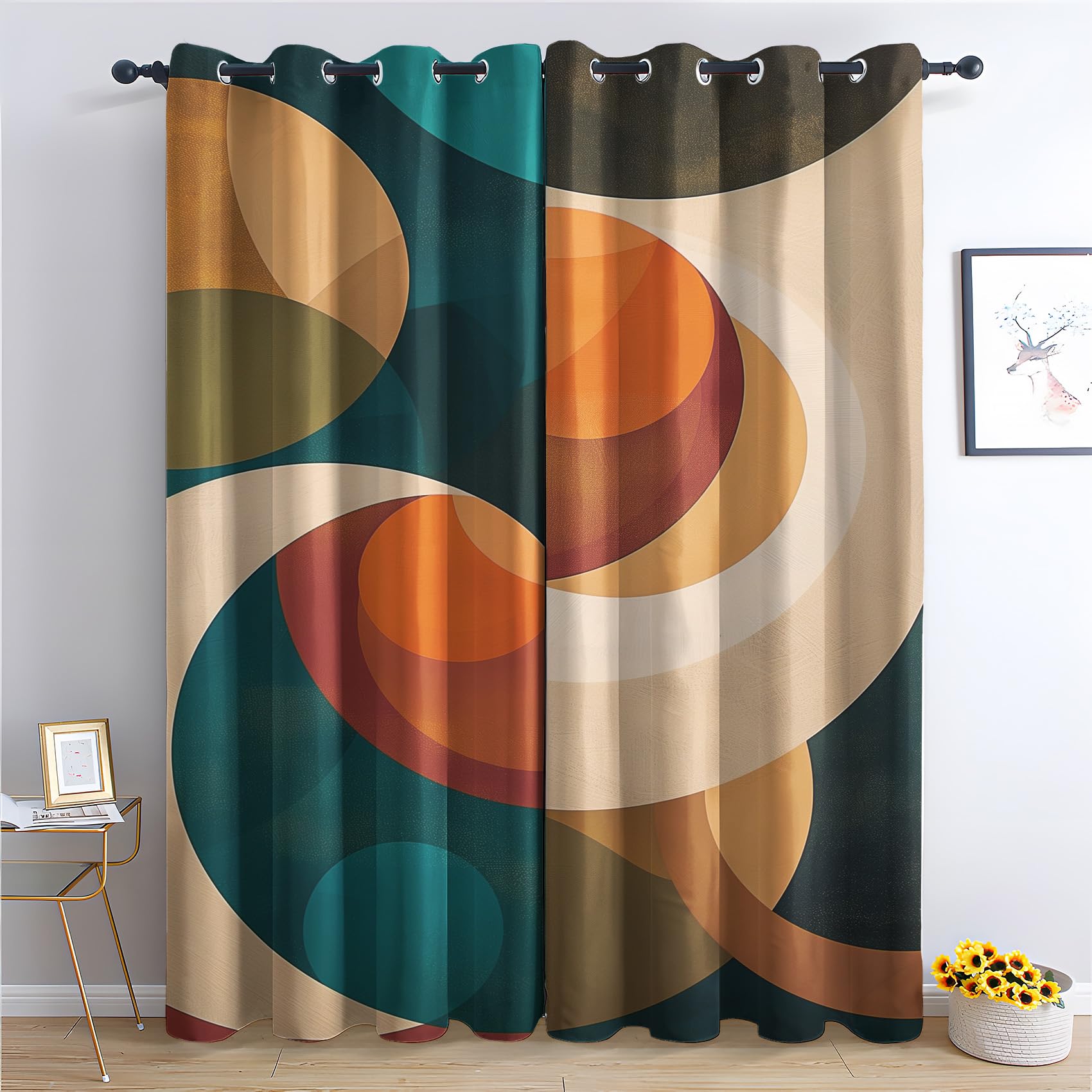 Abstract Geometric Curtains Set of 2 Panels - Mid Century Modern Colorful Window Drapes with Grommet Top, 63 Inch Length Blackout Curtains for Bedroom & Living Room - Boho Home Decor for Cozy Spaces & Light Control