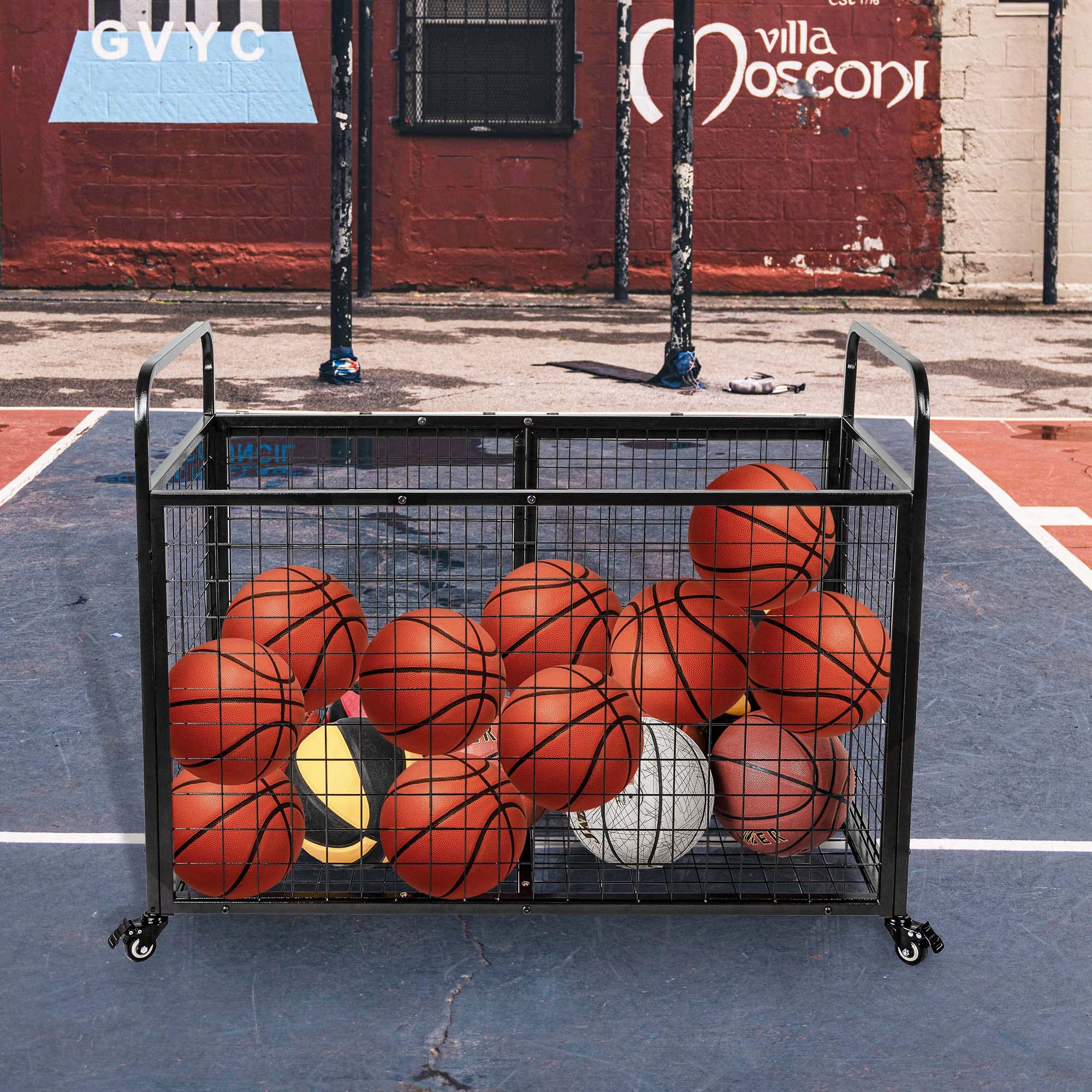 Heodmaem Extra Large Ball Cart Storage for Garage - Heavy Duty Basketball Cage Bin with Optional Divider - Sports Equipment Organizer for Gym, School, Club - Perfect for Indoor & Outdoor Basketball, Soccer, Volleyball Storage