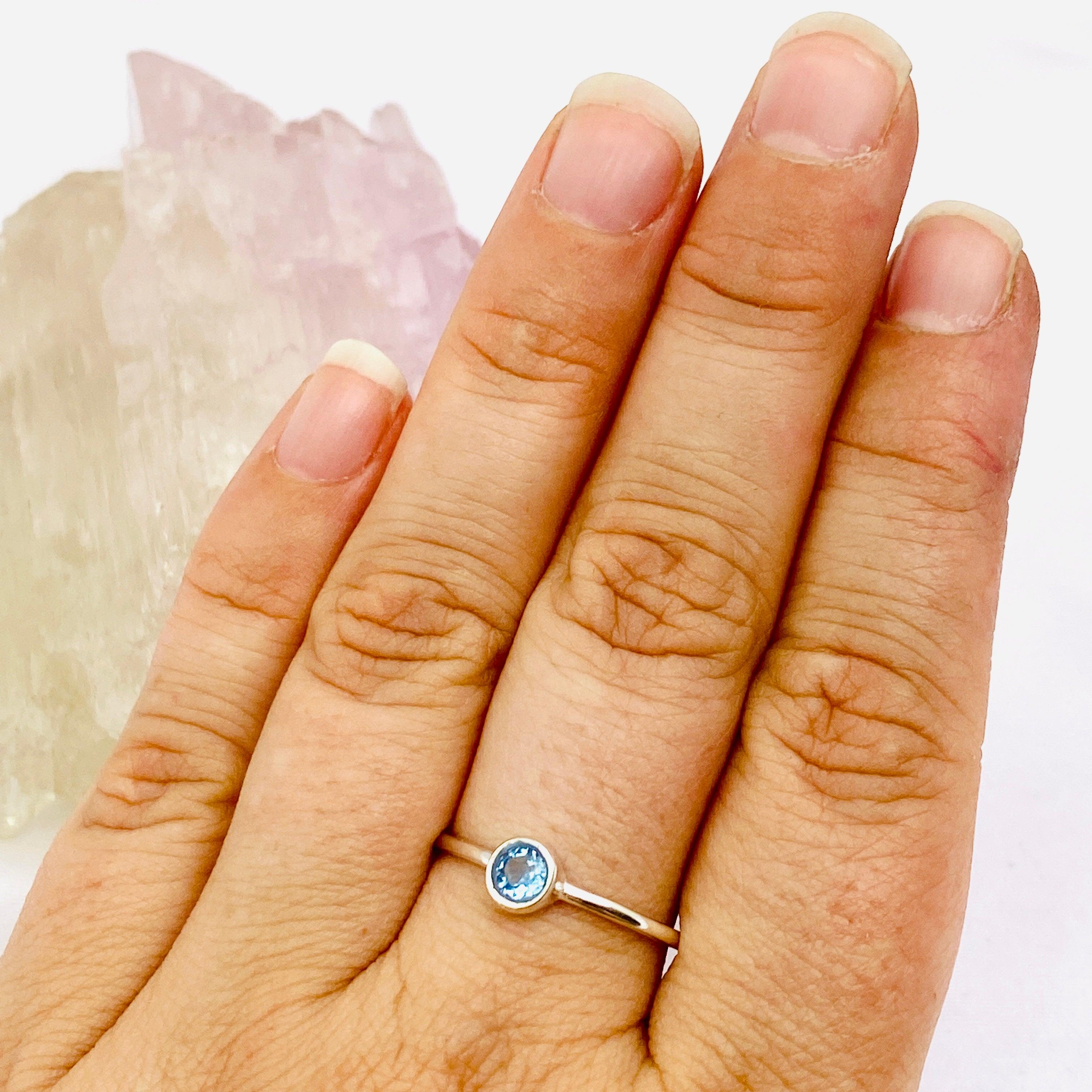 Blue Topaz Round Faceted Sterling Silver Fine Band Ring R3754 BC - Elegant Jewelry for Women, Perfect for Engagement, Wedding, Anniversary & Everyday Wear