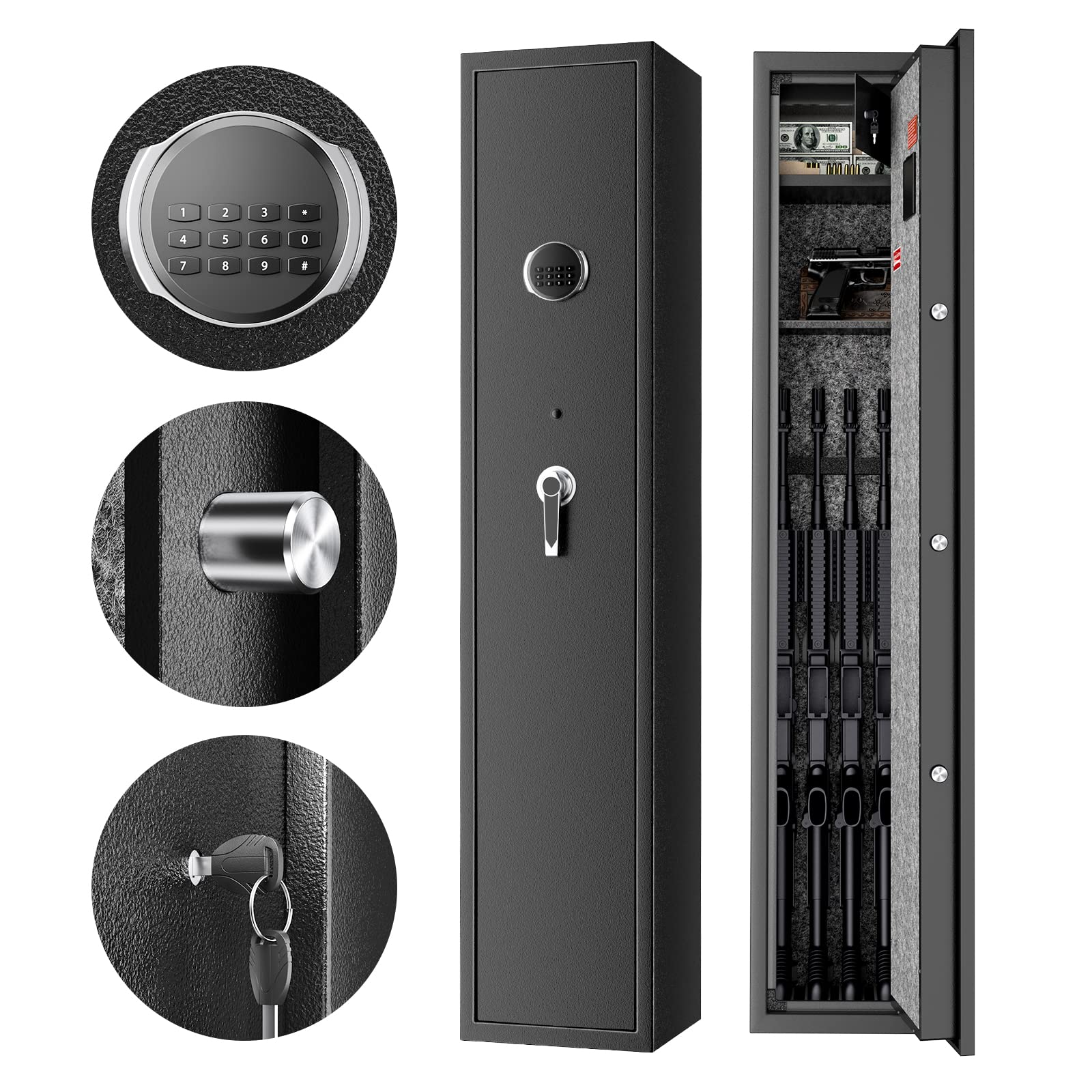 Large Rifle Safe for Quick Access - 5 Gun Storage with Pistol Password Case, Silent Mode, Adjustable Height & LED Lights | US Stock | Induction Alarm & Removable Storage (Button+Keys) - Perfect for Home Security, Gun Enthusiasts, and Firearm Protection