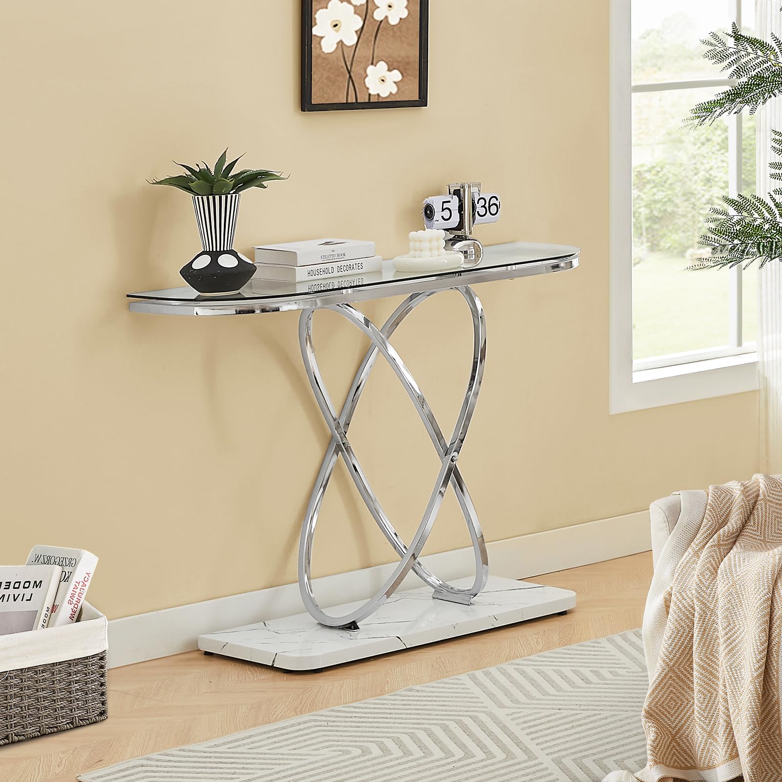 Modern Entryway Table with Oval Frames & Marble MDF Base - Tempered Glass Console Table for Living Room, Hallway, Bedroom - Silver & Clear Glass - Perfect for Small Spaces, Apartment Decor, and Home Entryway Organization
