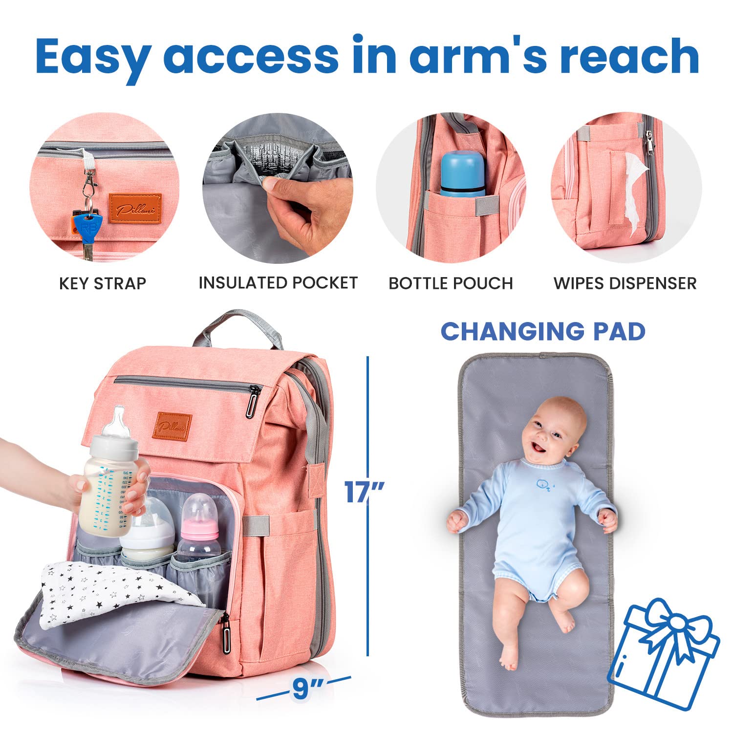 PILLANI Baby Diaper Backpack - Large Waterproof Diaper Bag for Boys & Girls with Insulated Bottle Pocket, Changing Pad & Stroller Straps - Perfect Baby Shower Gift & Registry Essential for New Parents (Ideal for Travel, Daycare & Outings)