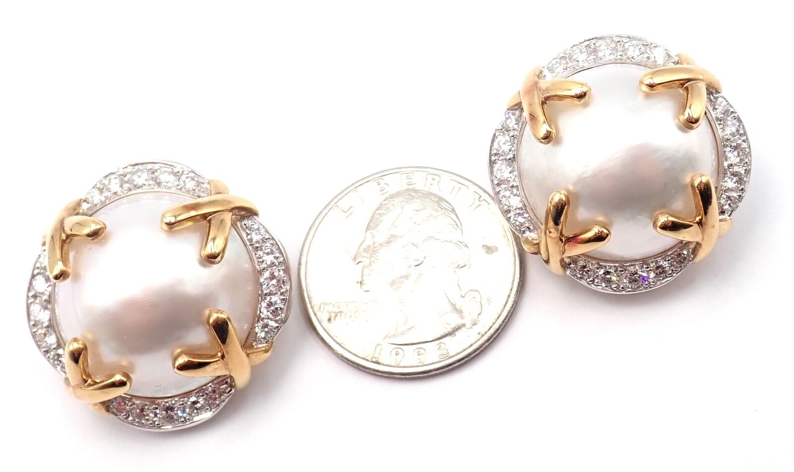 Authentic Vintage Verdura 18k Yellow Gold Mabe Pearl Diamond Large Earrings - Luxury Statement Jewelry for Weddings & Special Occasions