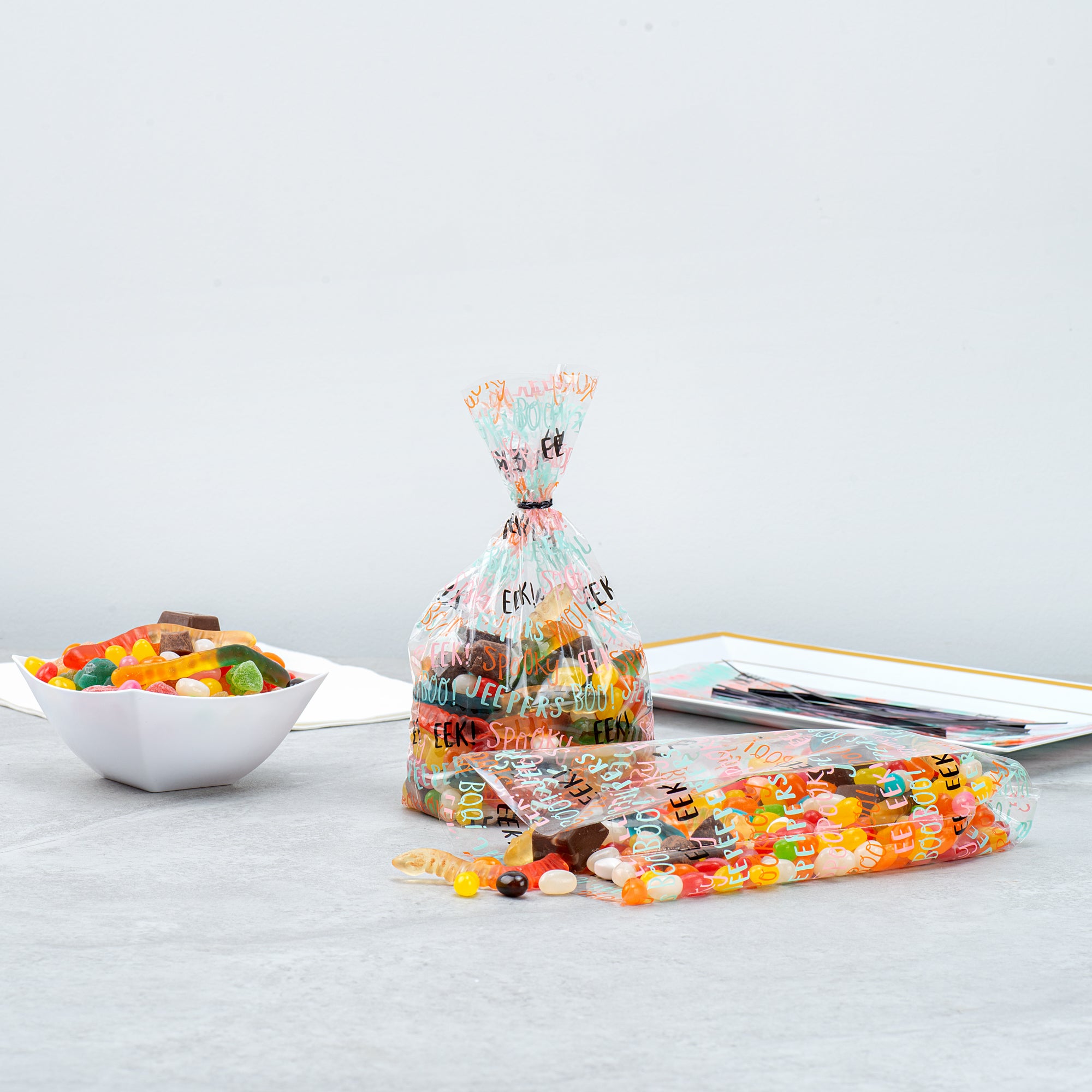 Halloween Plastic Candy Bags with Words - 4 x 2 x 9.5 Inch Gusseted Treat Bags (4000 Count Bulk Box) - Perfect for Trick-or-Treat, Party Favors & Candy Packaging