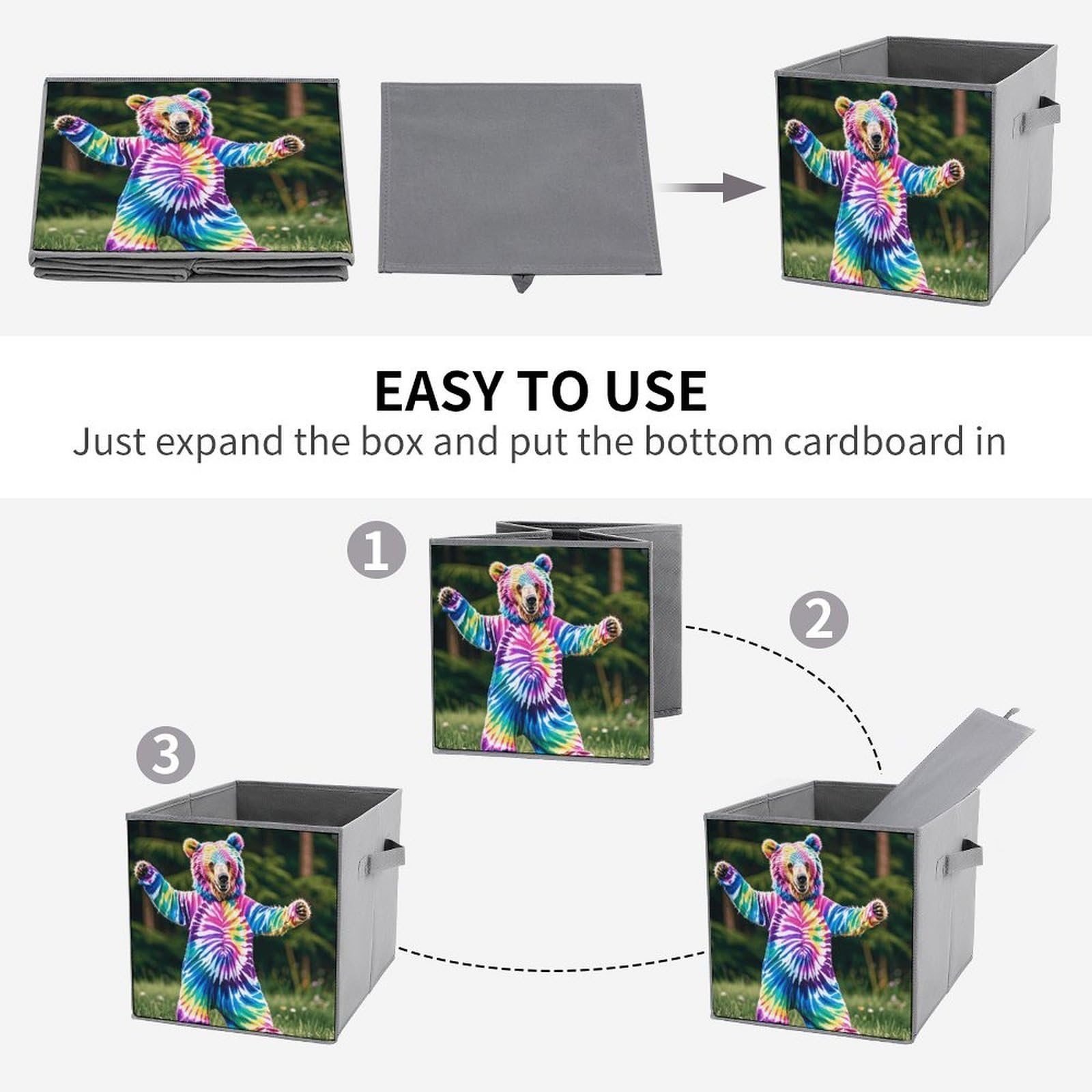 6PCS Collapsible Storage Bins with Handles - Bear Dancing Tie Dye Printed Foldable Organizing Baskets for Shelves, Closet, Kitchen & Bathroom | Space Saving Home Organization Solution for Toys, Clothes & Household Items
