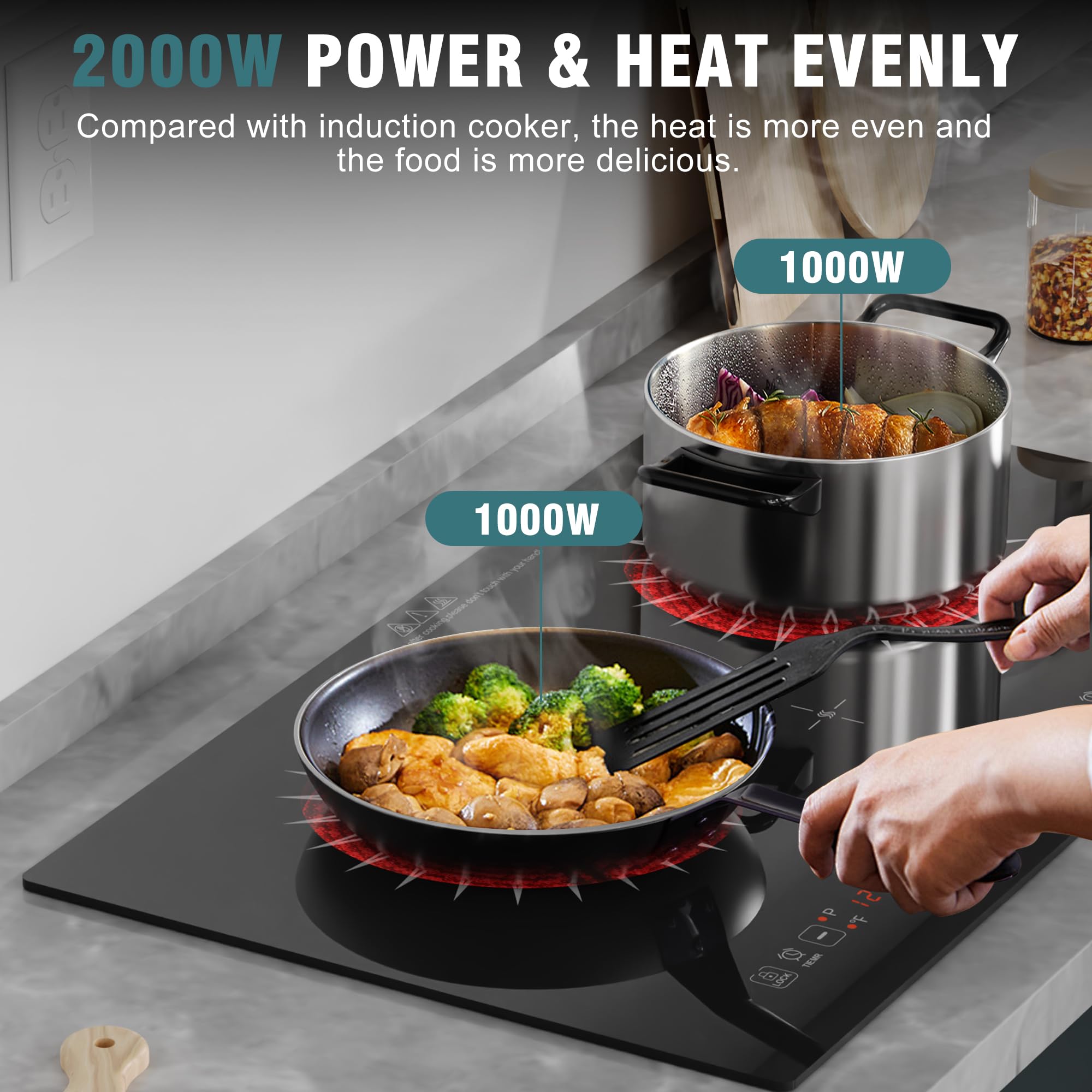 Hobsir 24 Inch 2 Burner Electric Cooktop 110V - Double Induction Stove with LED Touch Screen & Safety Lock - Built-in/Countertop for Kitchen, Apartment, RV & Camping - Perfect for Small Spaces & Outdoor Cooking