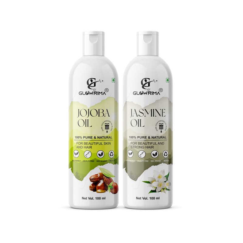 Glowrima 100% Pure Jojoba Oil & Jasmine Essential Oil Combo (100ML Each) - Promotes Hair Growth, Reduces Hair Fall, Repairs Split Ends for Soft & Shiny Hair - Perfect for Daily Hair Care & Scalp Massage