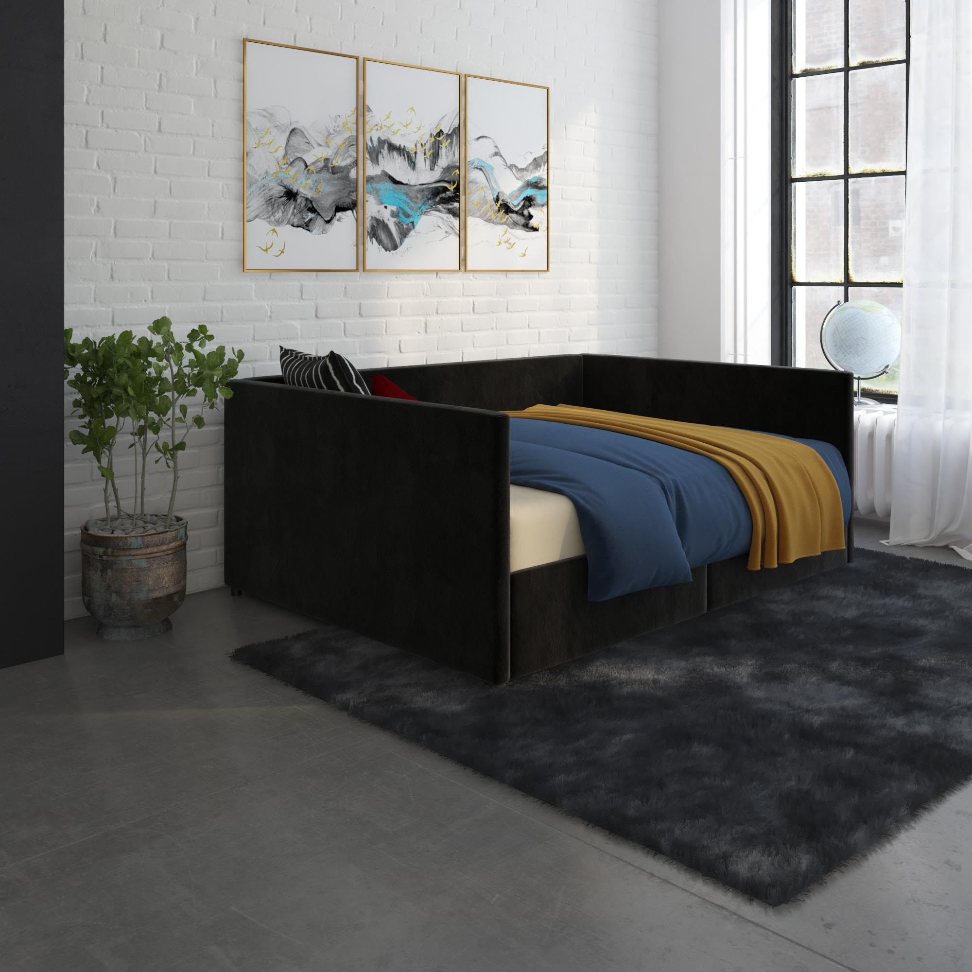 DHP Theo Full Size Daybed with Storage Drawers - Black Velvet Upholstered Sleeper Sofa for Guest Room, Dorm & Small Space Living