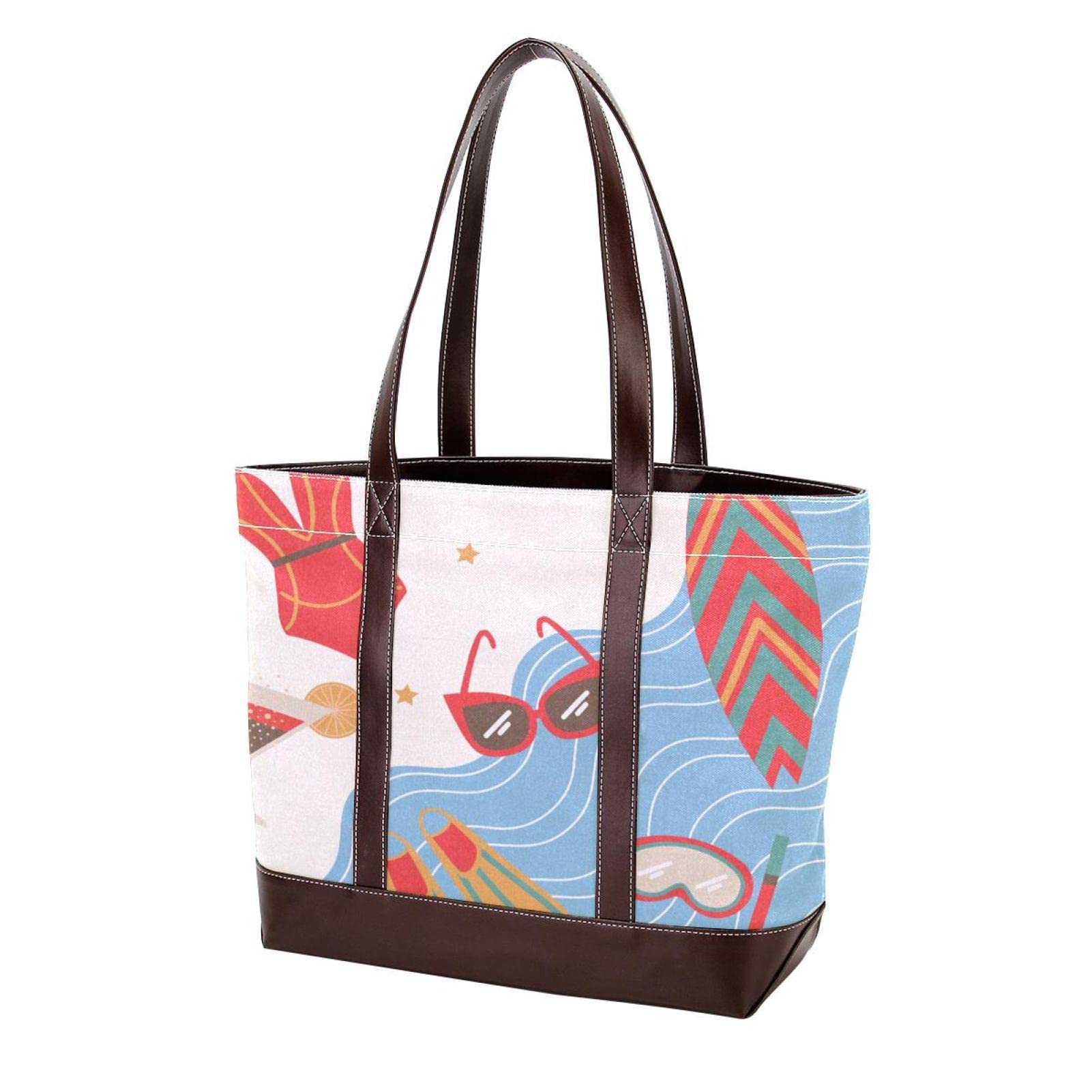 Stylish Striped Pattern Large Tote Bags for Women - Genuine Leather & Canvas Top Handle Shoulder Satchel Hobo Purses - Perfect for Work, Travel & Shopping