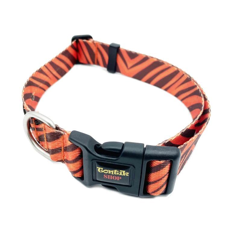 Handmade Orange Zebra Pattern Dog Collar - Durable Woven Fabric Pet Collar for Small, Medium & Large Dogs - Adjustable with D-Ring - Perfect for Walks, Training & Fashion - Tontik Shop