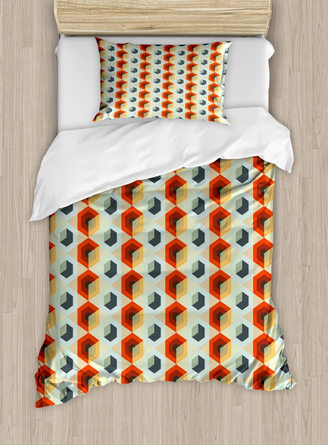 Ambesonne Geometric Duvet Cover Set - Modern Hexagonal Comb Pattern with Abstract Rhombus Borders, 2-Pack Queen Size Bedding Set Includes 2 Duvet Covers & 4 Pillowcases in Orange & Dark Blue - Perfect for Contemporary Bedroom Decor & Guest Room Styling