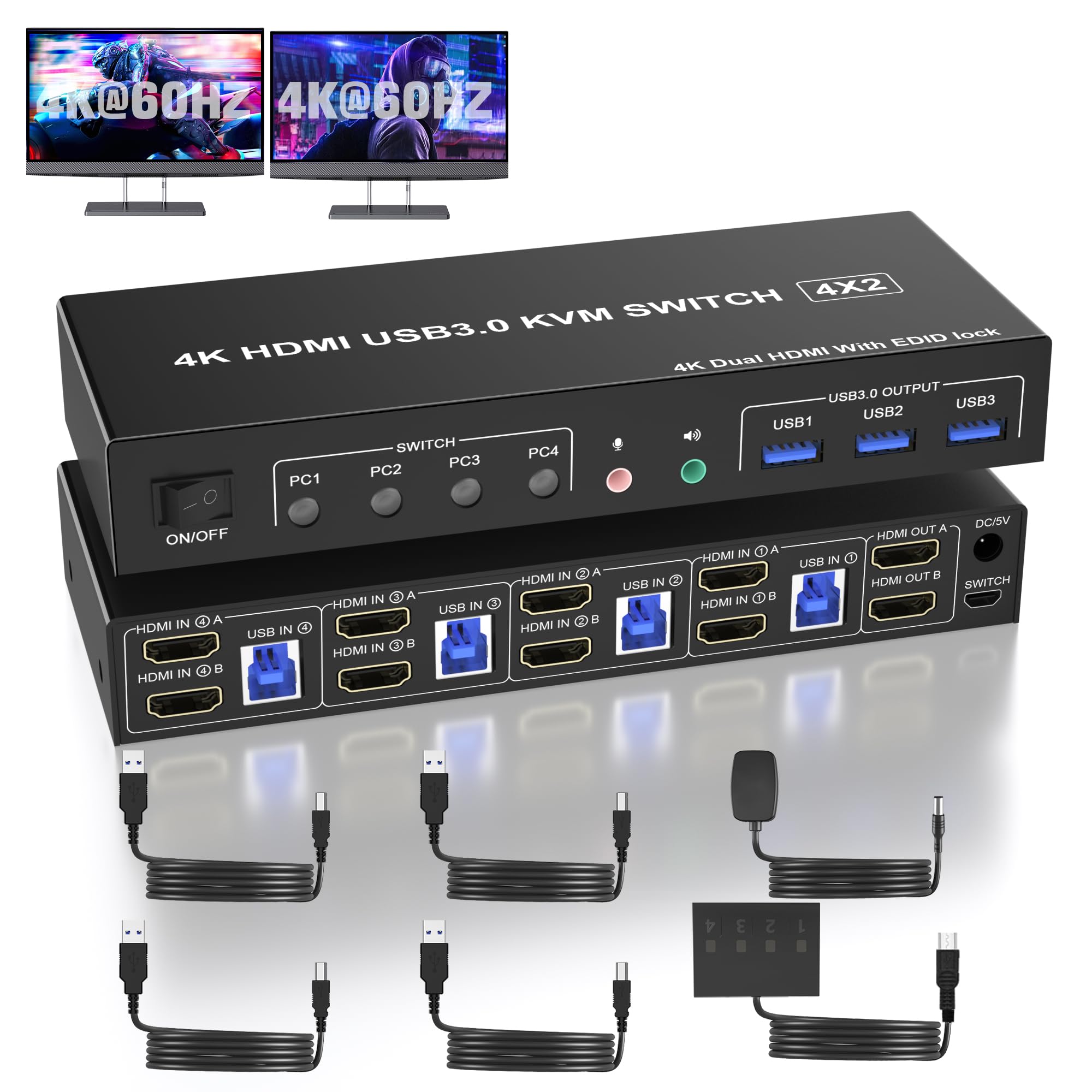 4K@60Hz HDMI KVM Switch for 4 Computers to 2 Monitors - Dual Monitor Support, EDID Emulation, Audio/Mic & 3 USB 3.0 Ports for Keyboard/Mouse - Perfect for Home Office, Gaming Setup & Multi-PC Workstations