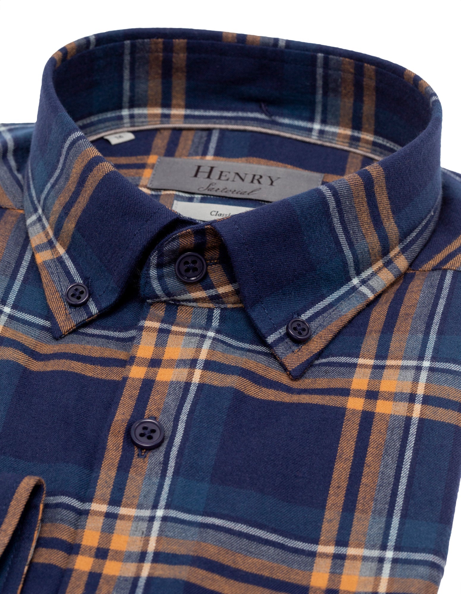 Henry Sartorial Casual Check Button-Down Shirt for Men - Navy & Brown Plaid Flannel Shirt - Perfect for Office, Date Night & Weekend Outings