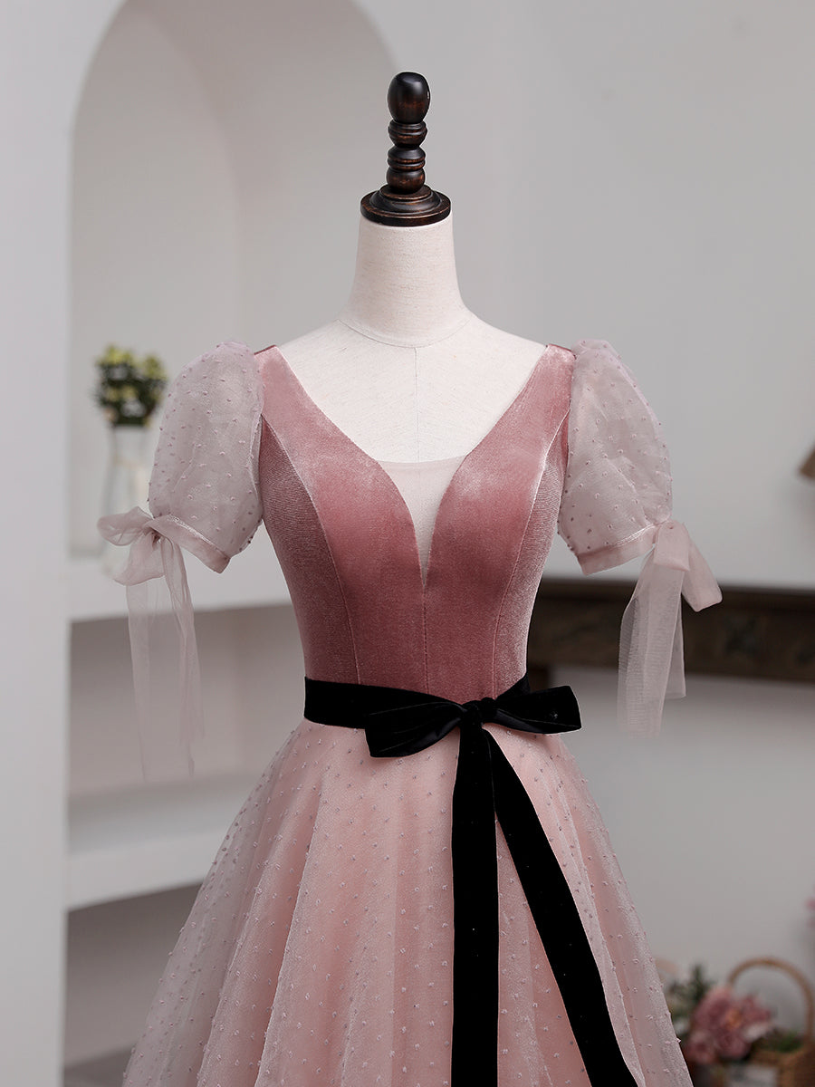 Elegant A-Line Pink Tulle Velvet Long Prom Dress for Women - Formal Evening Gown for Homecoming, Quinceañera & Special Occasions