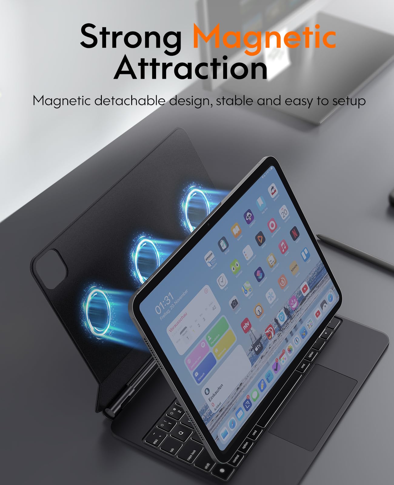 CHESONA Magnetic Keyboard Case for iPad Pro 11 inch M4 (2024) - Backlit Keyboard with Multi-Touch Trackpad, 7-Color RGB Lighting & Battery Display | Floating Cantilever Stand | Perfect for Work, Travel & Home Office Use