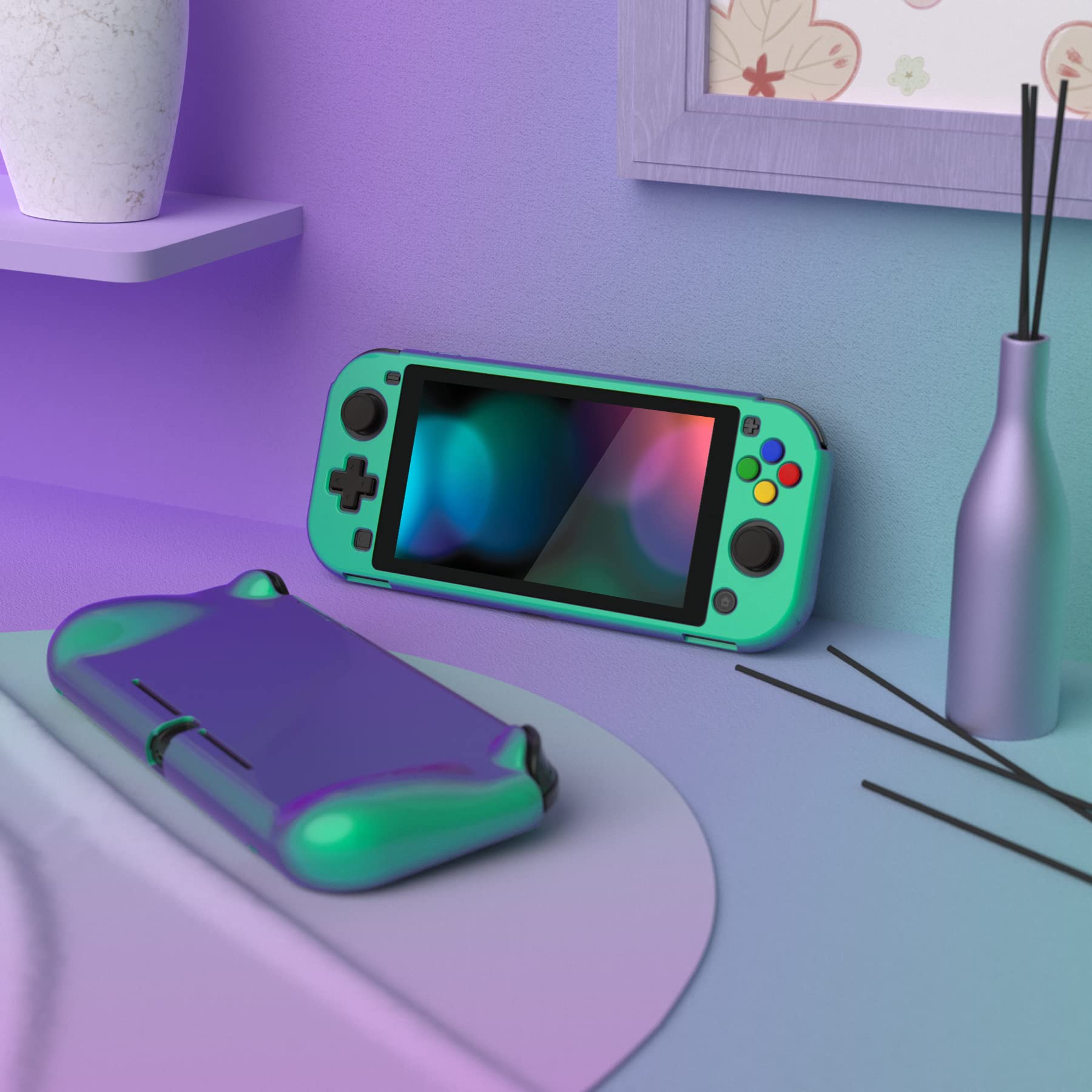 PlayVital ZealProtect Protective Case for Nintendo Switch Lite - Ergonomic Grip Hard Cover with Shock-Absorption & Anti-Scratch | Includes Screen Protector & Thumb Grip Caps | Chameleon Green Purple | Perfect for Gaming On-The-Go & Travel Protection