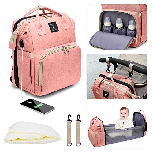 Leogreen 3-in-1 Diaper Backpack with Changing Station - Large Capacity Baby Bag with USB Charging Port, Bassinet & Stroller Straps - Thermal Pockets for Milk Bottles - Perfect for Travel, Daycare & Outings (Pink)