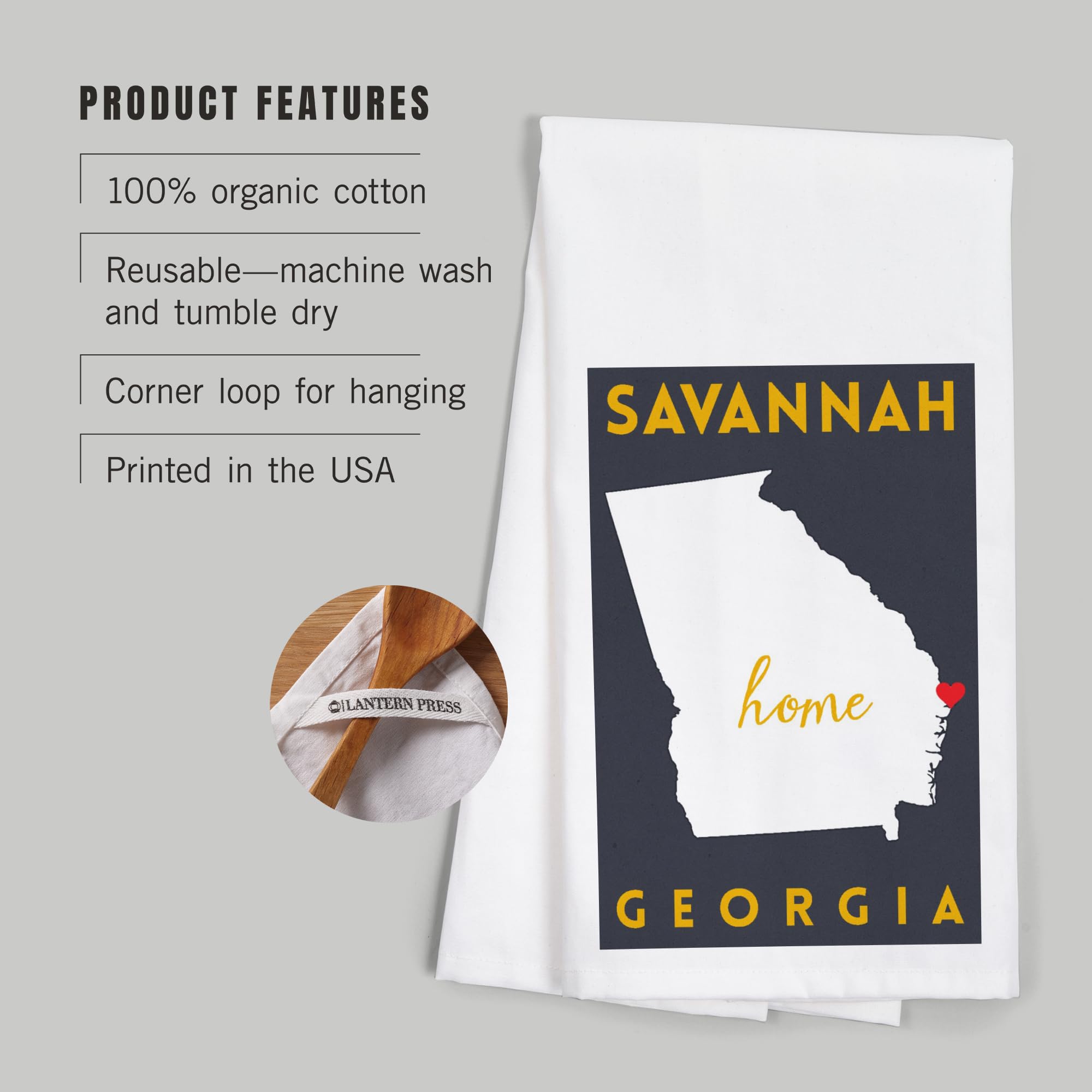 Lantern Press Savannah Georgia Home State White on Gray 100% Cotton Tea Towel - Decorative Hand Towel for Kitchen, Bathroom & Home Decor - Perfect for Gifts, Housewarming & Southern Style Decor