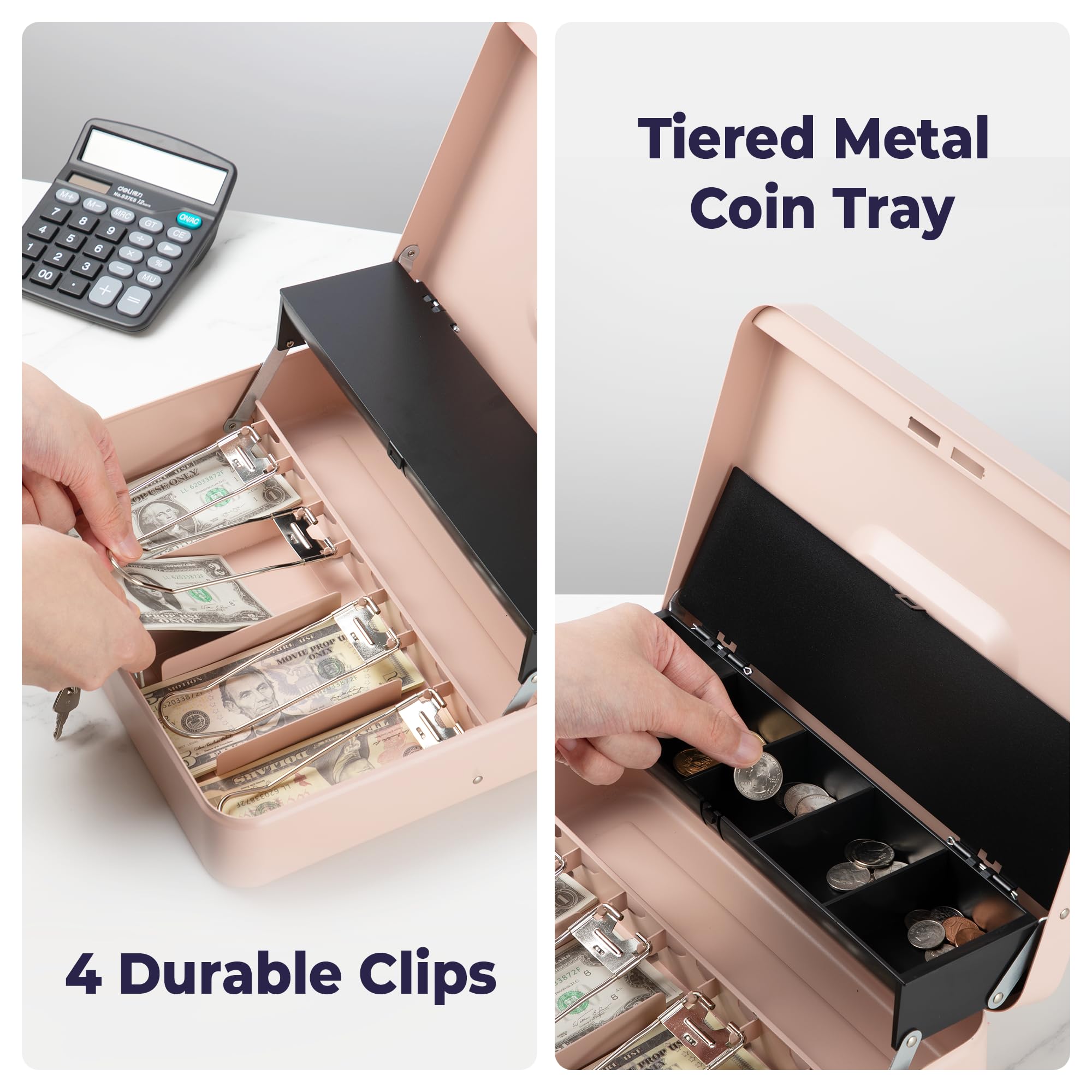 Volcora Large Cash Box with Key Lock - Metal Money Storage Safe Box with Money Tray | Portable & Durable Cash Organizer for Small Business, Yard Sales, Garage Sales | Perfect for Retail Stores, Events, and Home Security (Rose Gold)