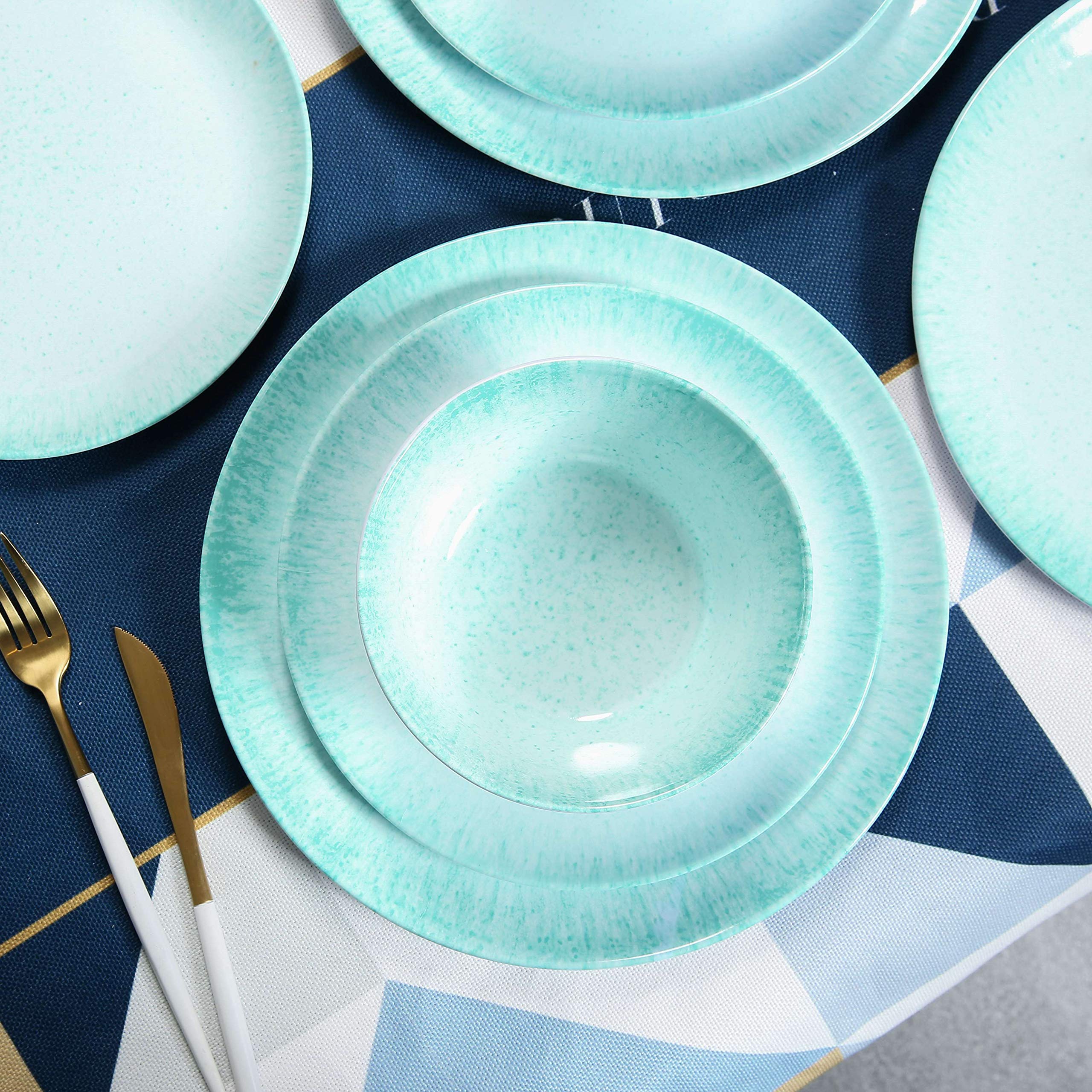 12-Piece Melamine Dinnerware Set - Durable Plates & Bowls for 4, Turquoise with Spot Design - Perfect for Outdoor Dining, Picnics, and Pool Parties