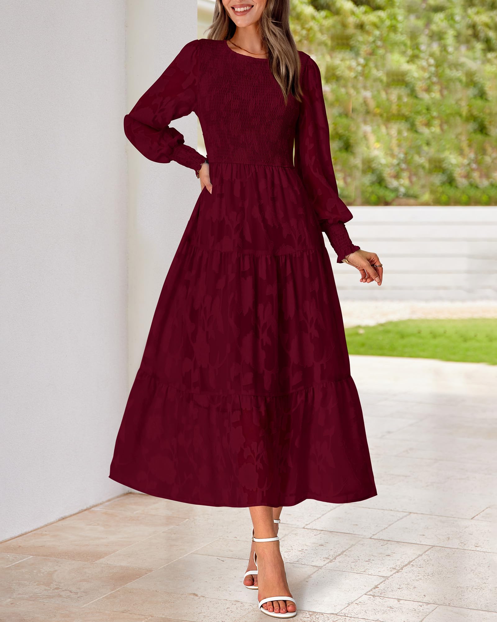 BTFBM Women's Elegant Floral Midi Dress - Long Sleeve Bohemian Wedding Guest Dress for Spring 2025 | Perfect for Garden Parties, Bridal Showers & Formal Events